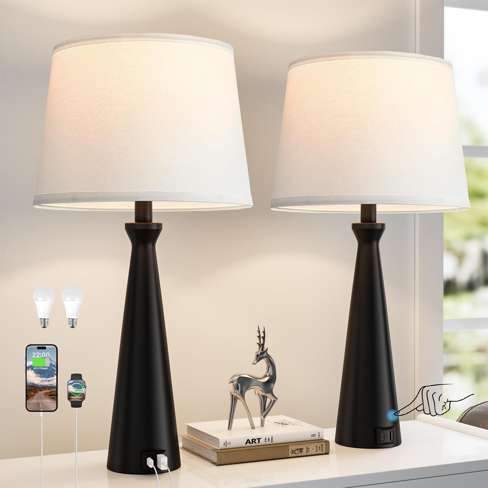 Seealle modern touch lamps set of two with black base and white shade