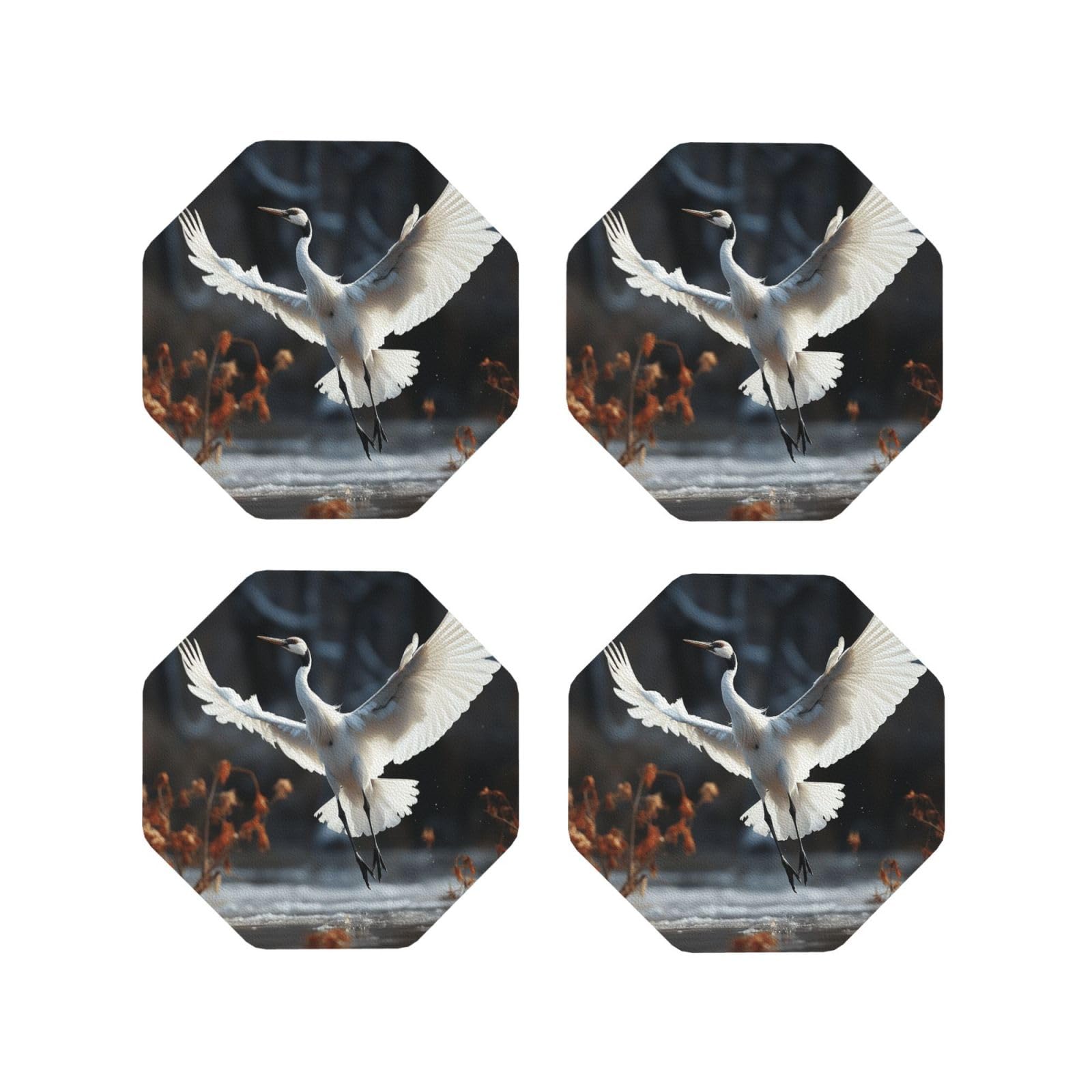 4Pcs PU Leather Coaster for Drinks, Crane Dancing Cup Coastersr 4" Cup Mat Pad, Aesthetic Drink Coasters for Coffee Table, Octagon Coaster for Tabletop Protection