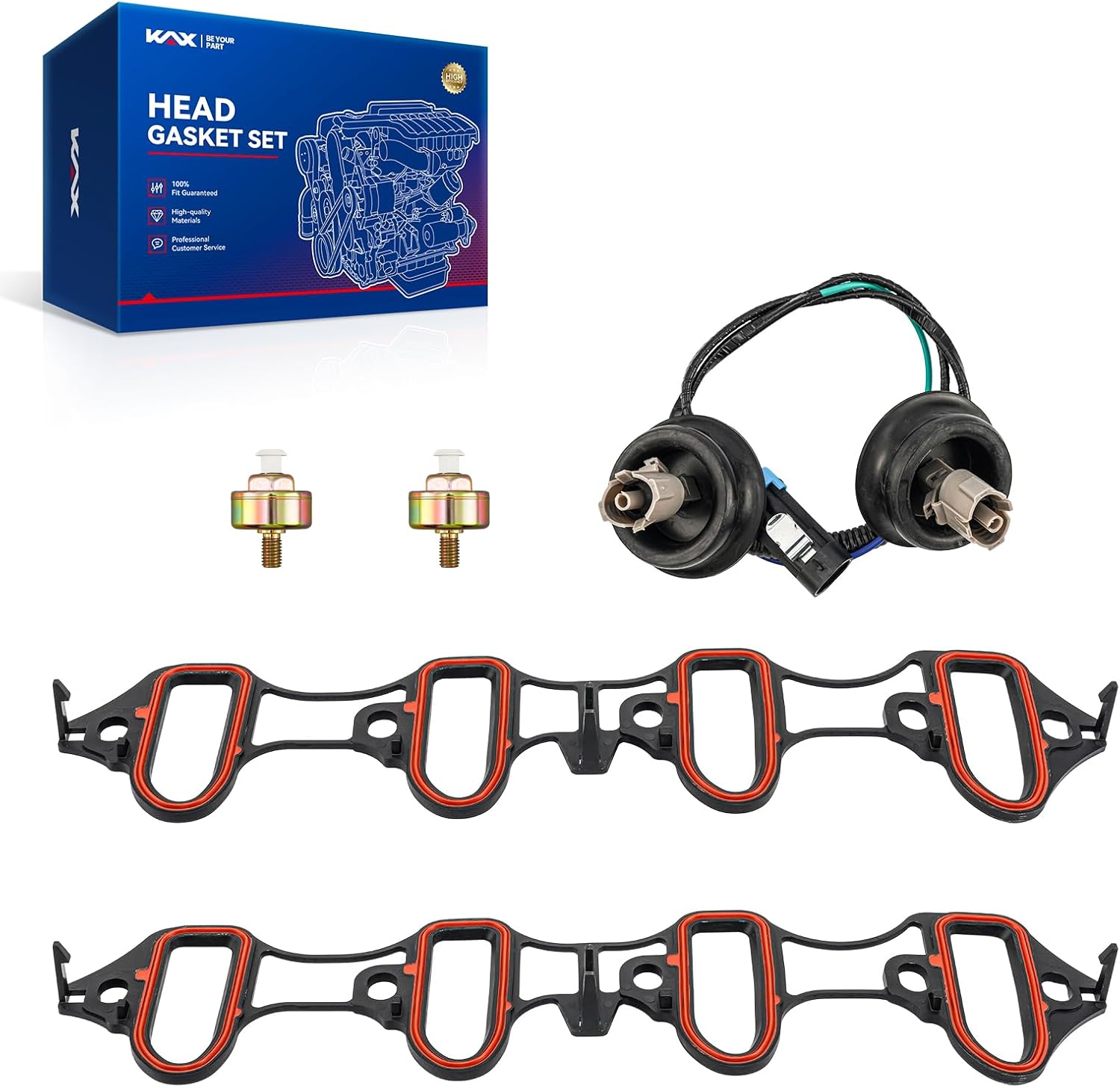 KAX Knock Sensor Kit with Wiring Harness & Intake Manifold Gasket Compatible with Chevy Silverado Suburban 1500 Tahoe Avalanche Express, GMC Sierra Yukon XL 1500, Cadillac Escalade, Hummer H2 12601822