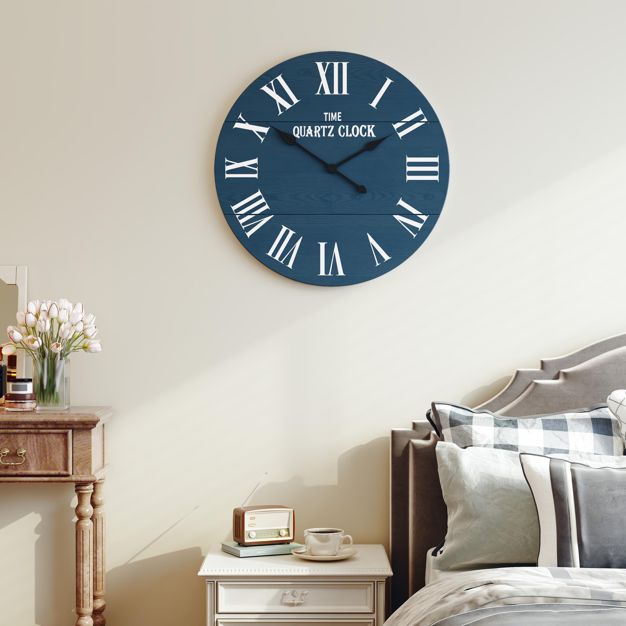 Orologio da parete in legno, 60 cm, facile da leggere, silenzioso, grande, rotondo, per casa, cucina, soggiorno, ufficio, decorazione da parete, blu