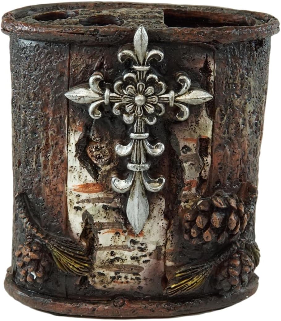 Ebros Gift Rustic Southwestern Inspirational Le Fleur Cross with Birch and Pinecones Bathroom Accessory Resin Sculpture Fleur De Lis Accent (Tumbler Cup, Soap Dish and Toothbrush Holder Set of 3)