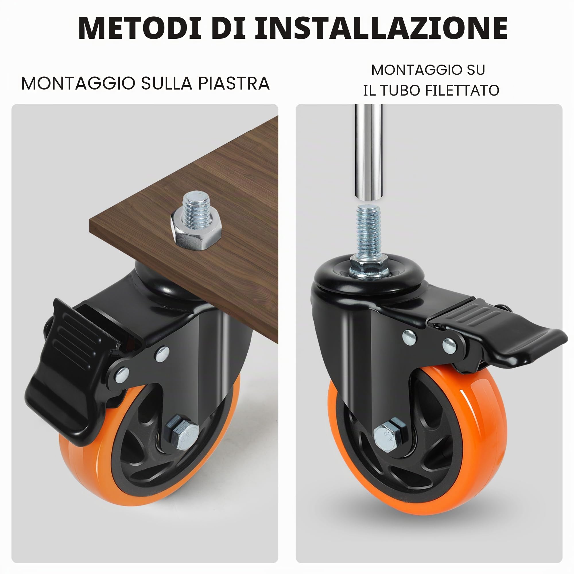 Ruote per Carrello 10mm×25mm(3/8"-16UNC) con Perno Filettato ¢100mm Ruote per Mobili Ruote per Carichi Pesanti Carico 550kg Arancione