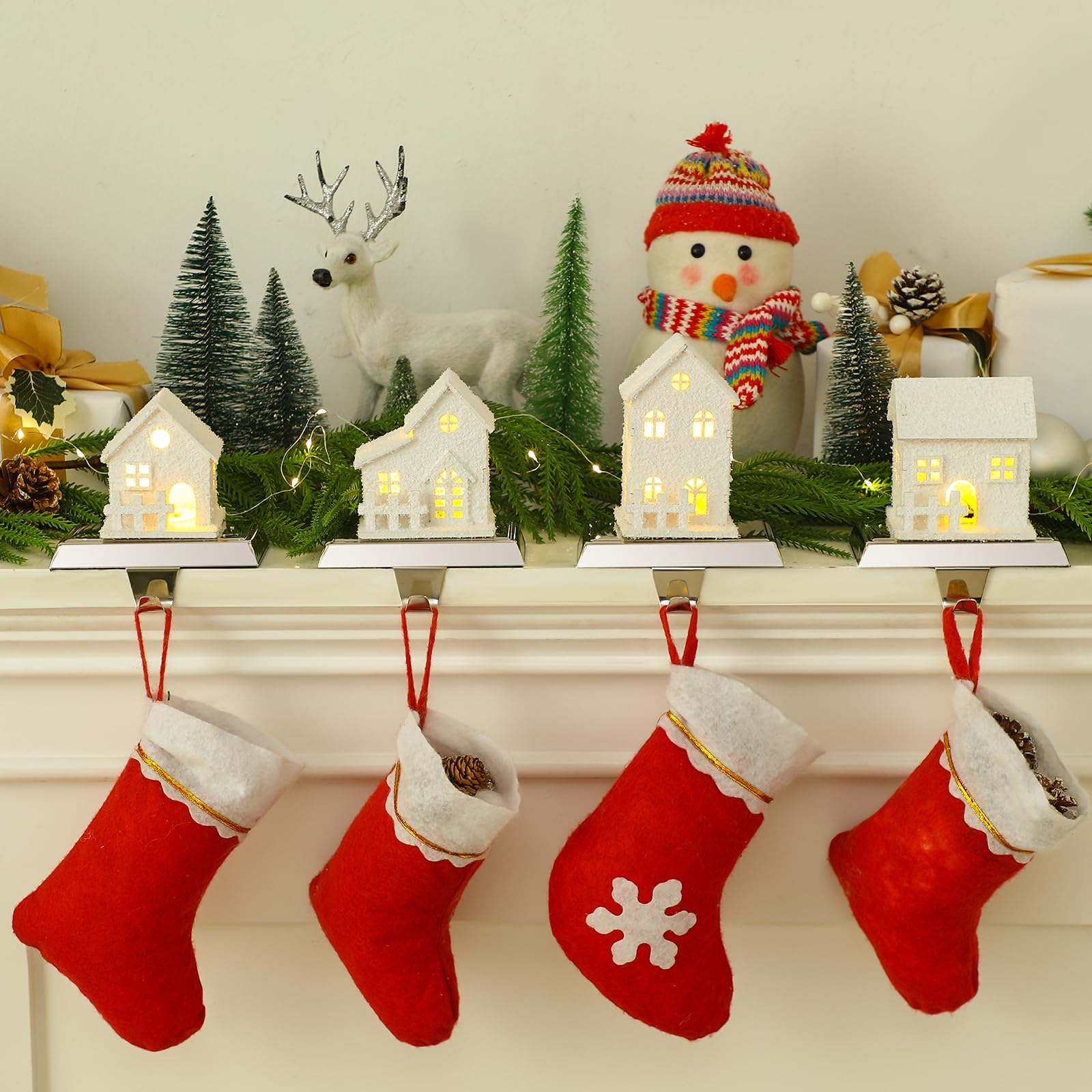 MorningRo 4 Pcs Christmas Village Stocking Holder for Mantle LED