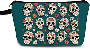 Floral Skull Makeup Bag Cute Small Organizer Bag with Zipper Mexican Folk Art Sugar Skull Cosmetic Bag Aesthetic Birthday Present for Women Friends -2