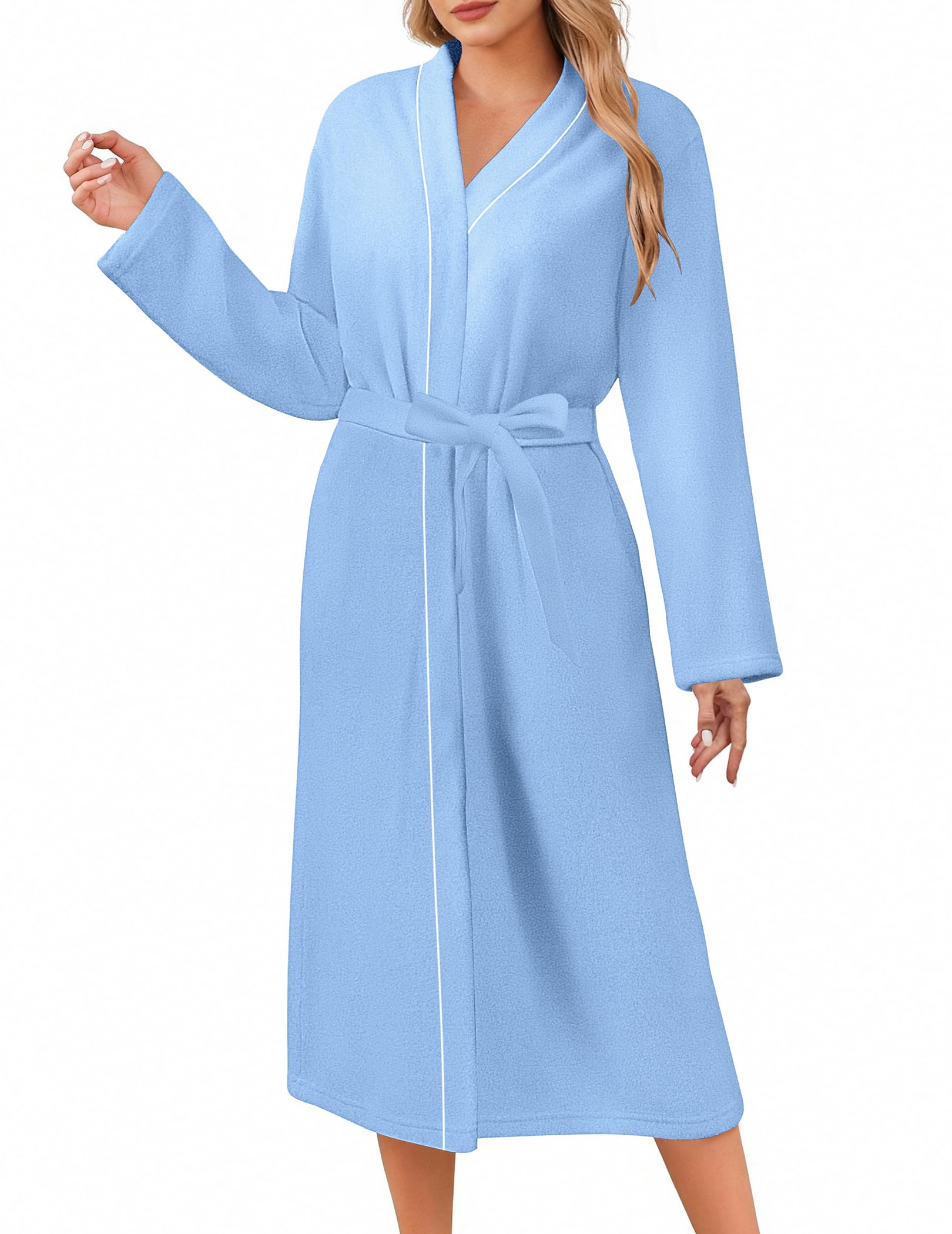 Ekouaer Robes for Women Long Sleeves Bathrobe V Neck Cozy Housecoat Lightweight Fleece Robe with Pockets S-XXL