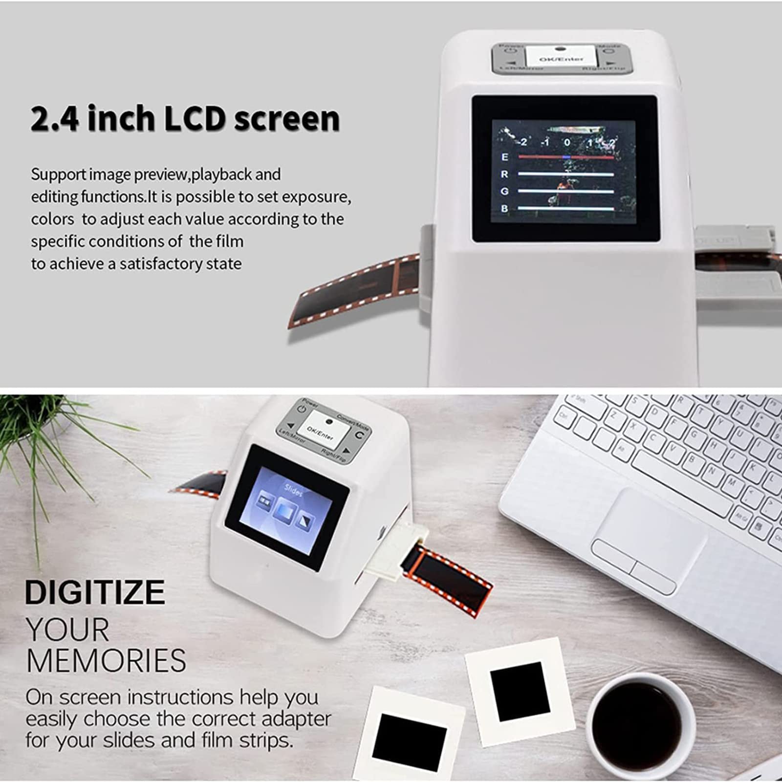 Scanner Digitale per Diapositive, Scanner per Diapositive, con Schermo LCD da 2,4 Pollici, Dispositivo all-in-One per scansione, visualizzazione, Modifica, conversione e Salvataggio, possibilità di