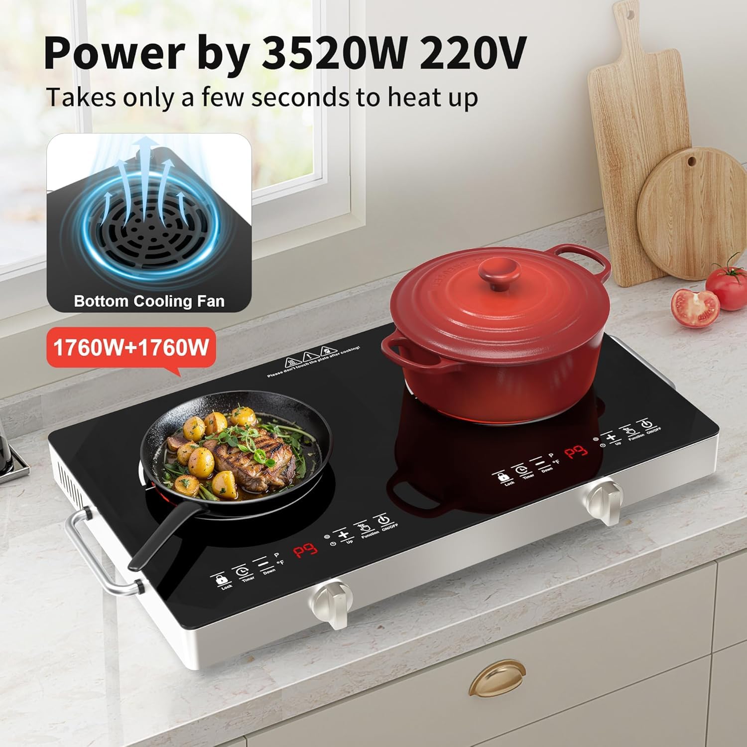 VBGK Double Electric Hob, 220V 3520W Ceramic Hob with Handle, Electric Hot Plate with 9 Power Levels, Child Safety Lock, Timer,Knob and Touch Control, 2 Burner Cooktop — view 6