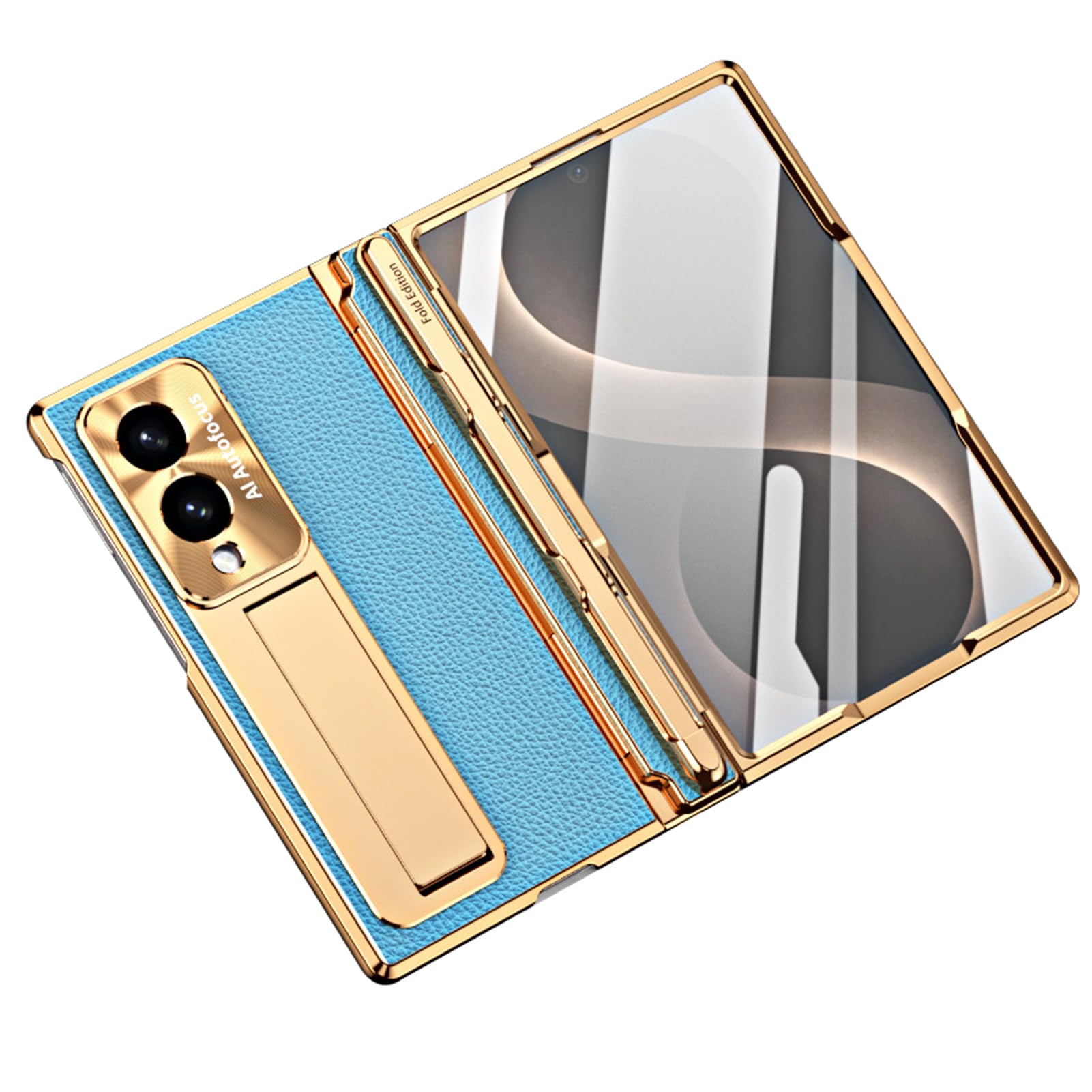 Custodia Con Cerniera For Samsung Galaxy Z Fold 8, Protezione Schermo Placcatura Fotocamera Mini Supporto Regolabile Bordo Oro Guscio Ammortizzante Con Portapenne Litchi(Blue)