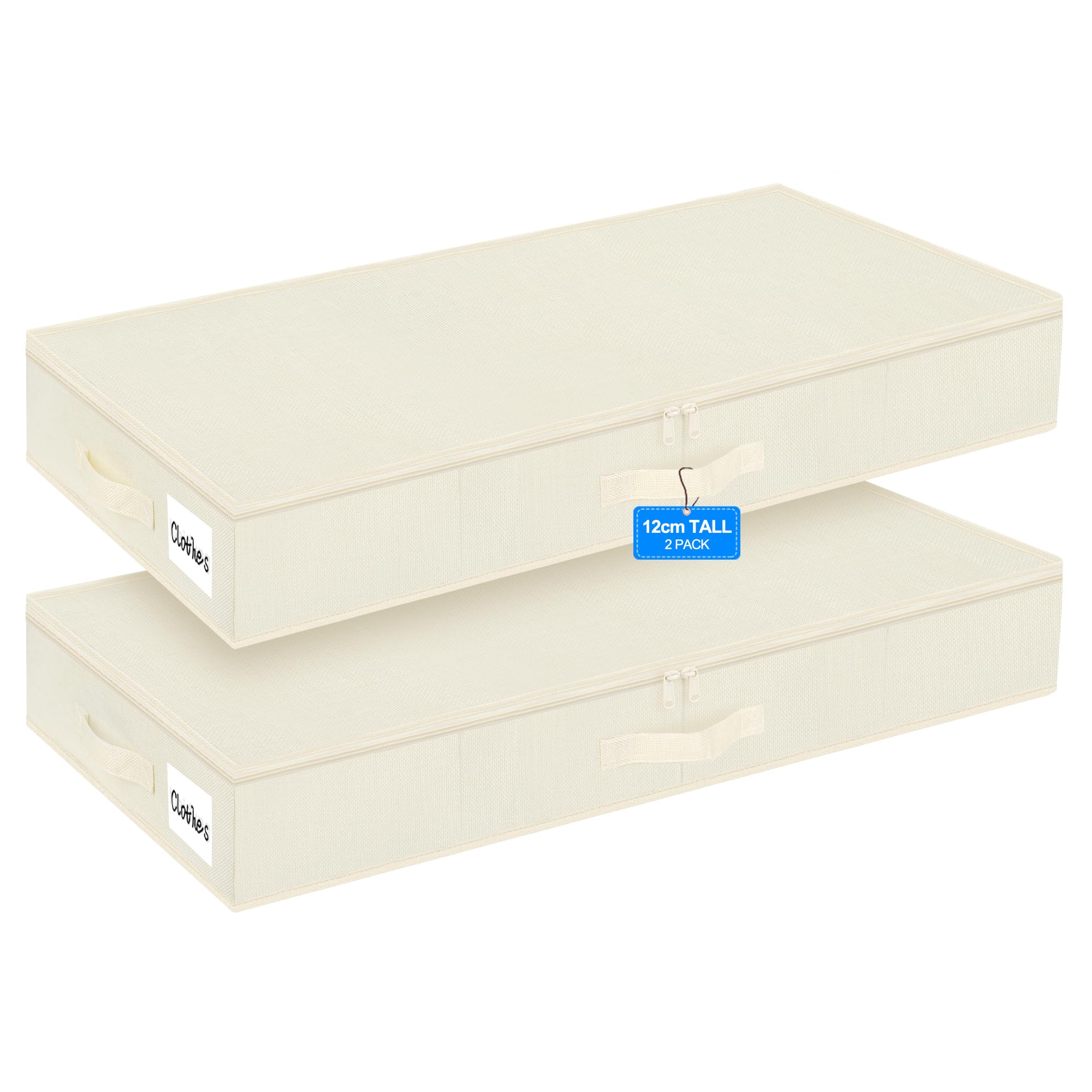 Contenitore basso sotto il letto con coperchio, 2 pezzi, 12 cm di altezza, colore beige, con supporto inferiore, pieghevole, in tessuto poco profondo, con cerniera, per vestiti e biancheria da