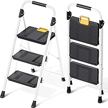 KINGRACK Folding Step Ladder 3 Steps Max Load 360 kg Safety Lock, Pedals Wide Armrest Folding Lightweight Step Ladder for Home, Kitchen, Cupboard and Office, White