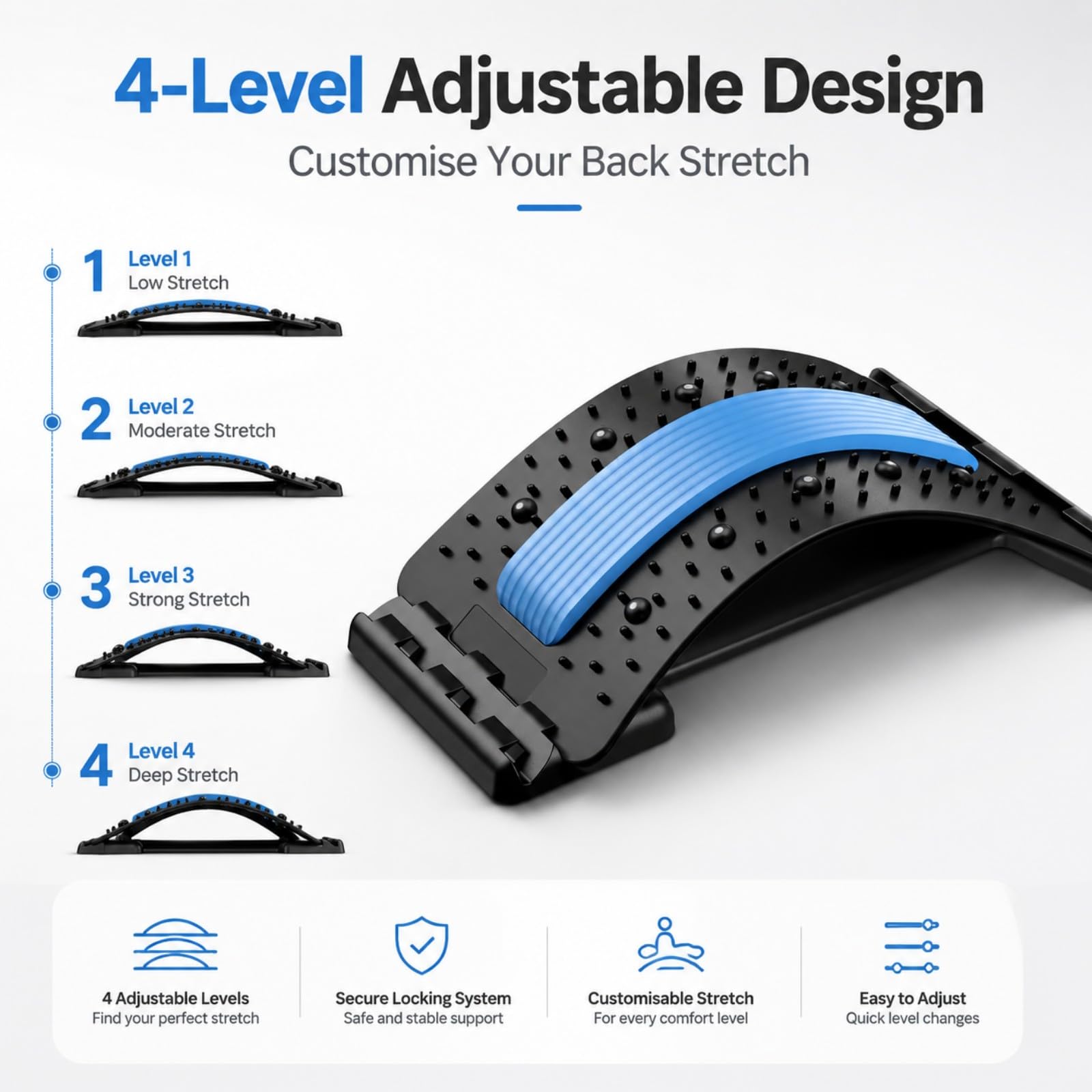 Saludea Spinecomfort Back Stretcher, 4-Level Lumbar Support with 102 Acupressure Points Spine Decompression and Posture Corrector Home, Car, Office Use (Blue)