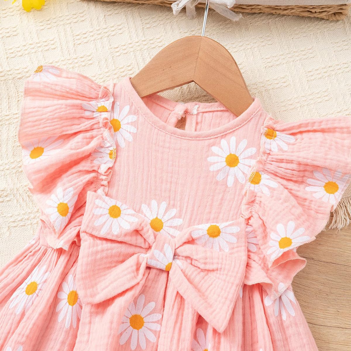 Robe d'Été Fille Casual Manches à Volants Unie/Imprimée Col Rond Boutonnée Robes Coupe Trapèze pour Enfants Fête d'anniversaire Tenue 2-6Y - 4