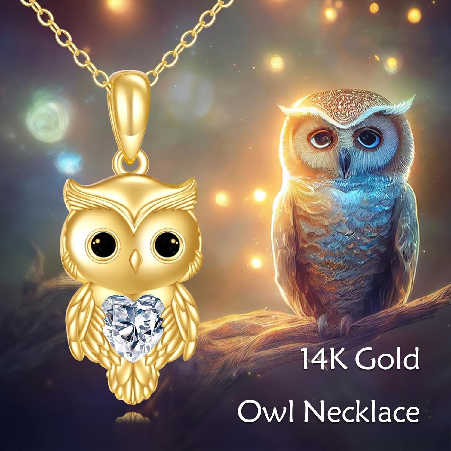 DOVRAN 14k Solid Gold Owl Necklace for Women Moon Star Owl Pendant Necklace Owl Jewelry Birthday Gifts for Her Wife 16"-18" - Image 6