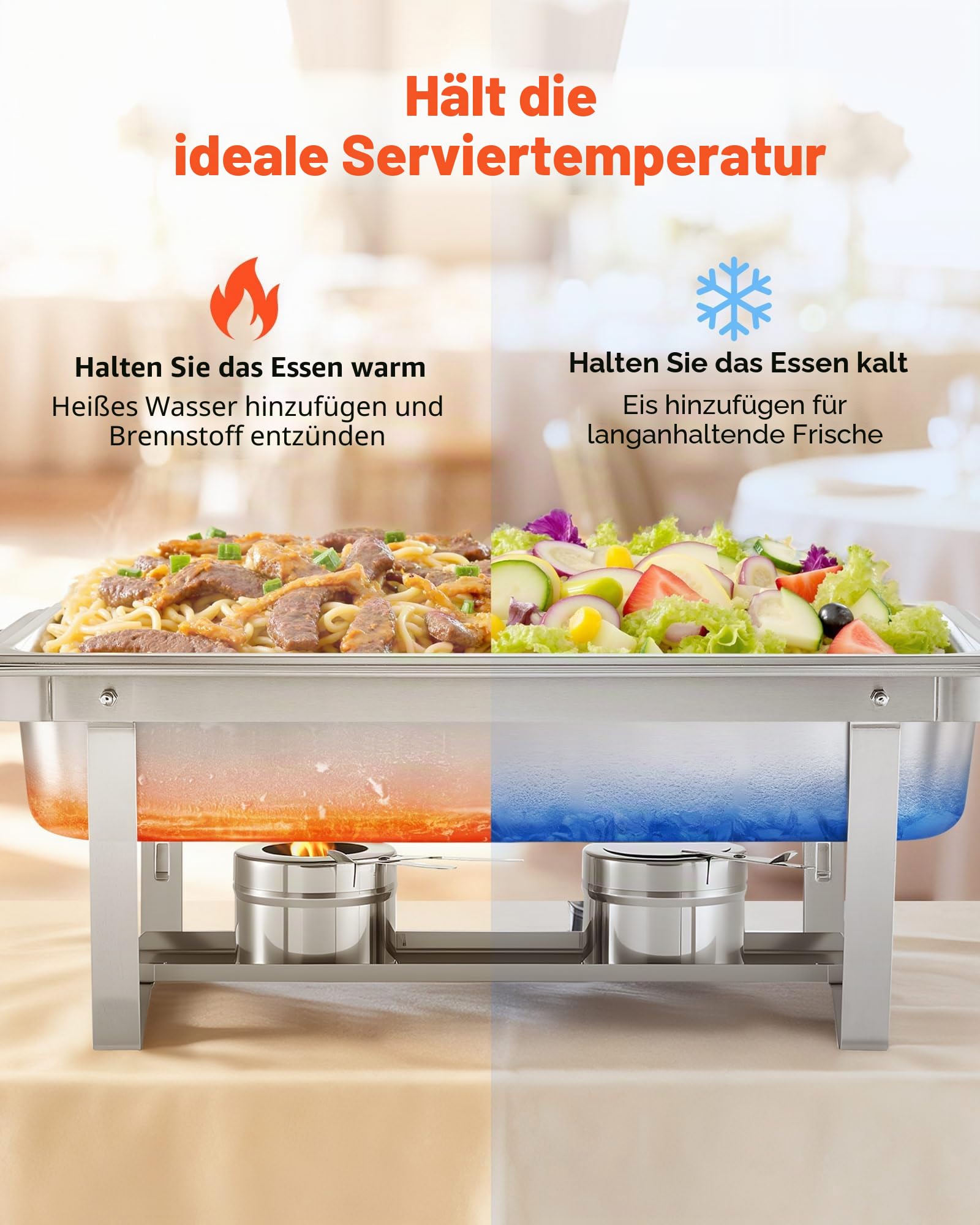 VEVOR rechteckiger Chafing Dish Set 8,5 L Speisenwärmer Buffet Warmhaltebehälter mit Griff & Lebensmittelzange & Deckel & Brennstoffhalter, geeignet für Bankett Party Hochzeit Silber (4)