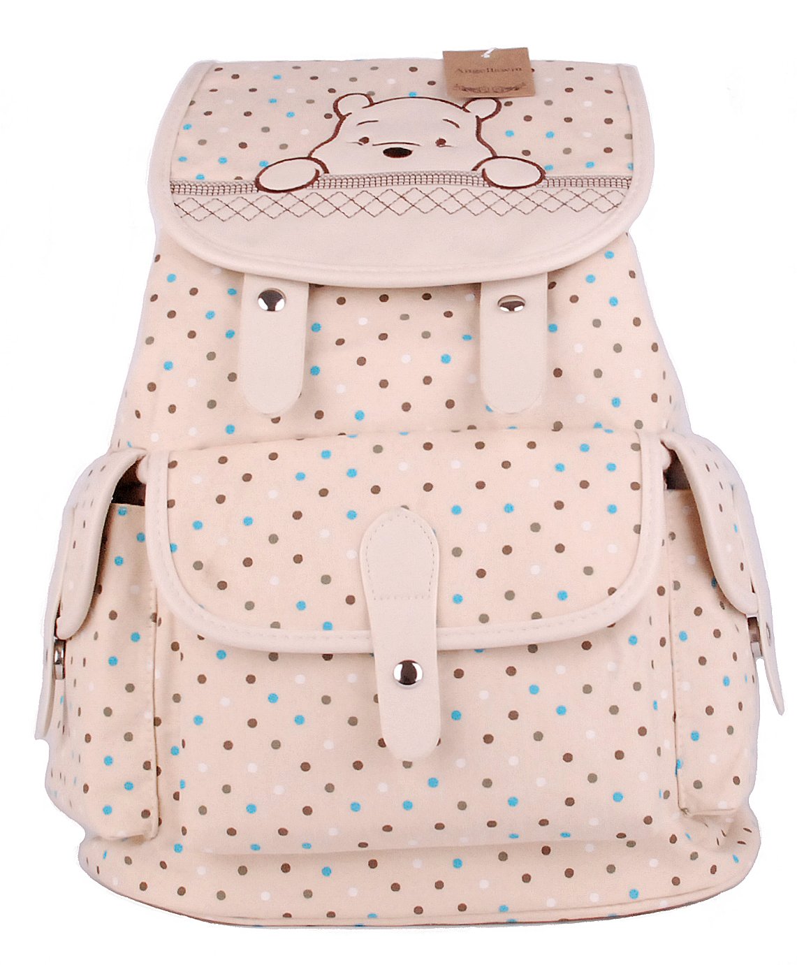 Beige Girls Canvas Cartoon Bear Dot College School Backpack