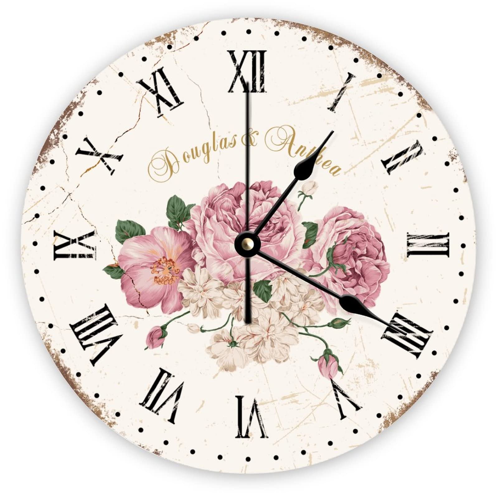 Rimego Retro French Various Flowers Quality Quartz Wall Clocks Vintage Flowers Non Ticking Silent Wall Clock for Bedroom Living Room Office Kitchen, 30 X 30 CM