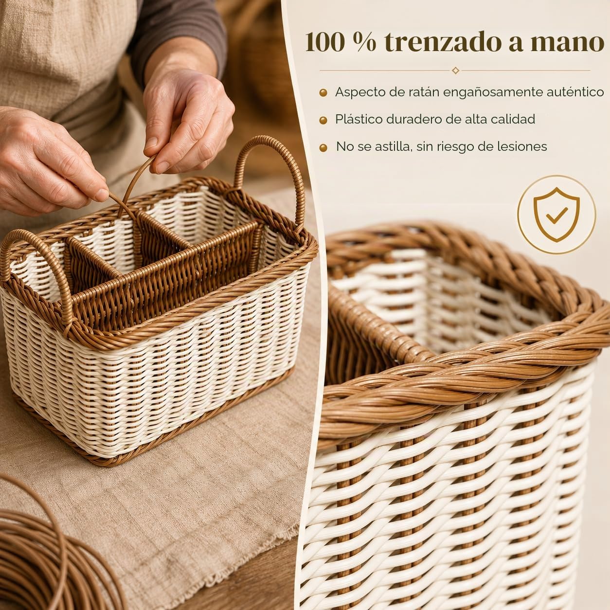 Hemoton Cesta De Almacenamiento De Ratán Sintético Con 4 Compartimentos, Organizador De Cubiertos Y Utensilios Para Cocina, Comedor, Jardín O Picnic