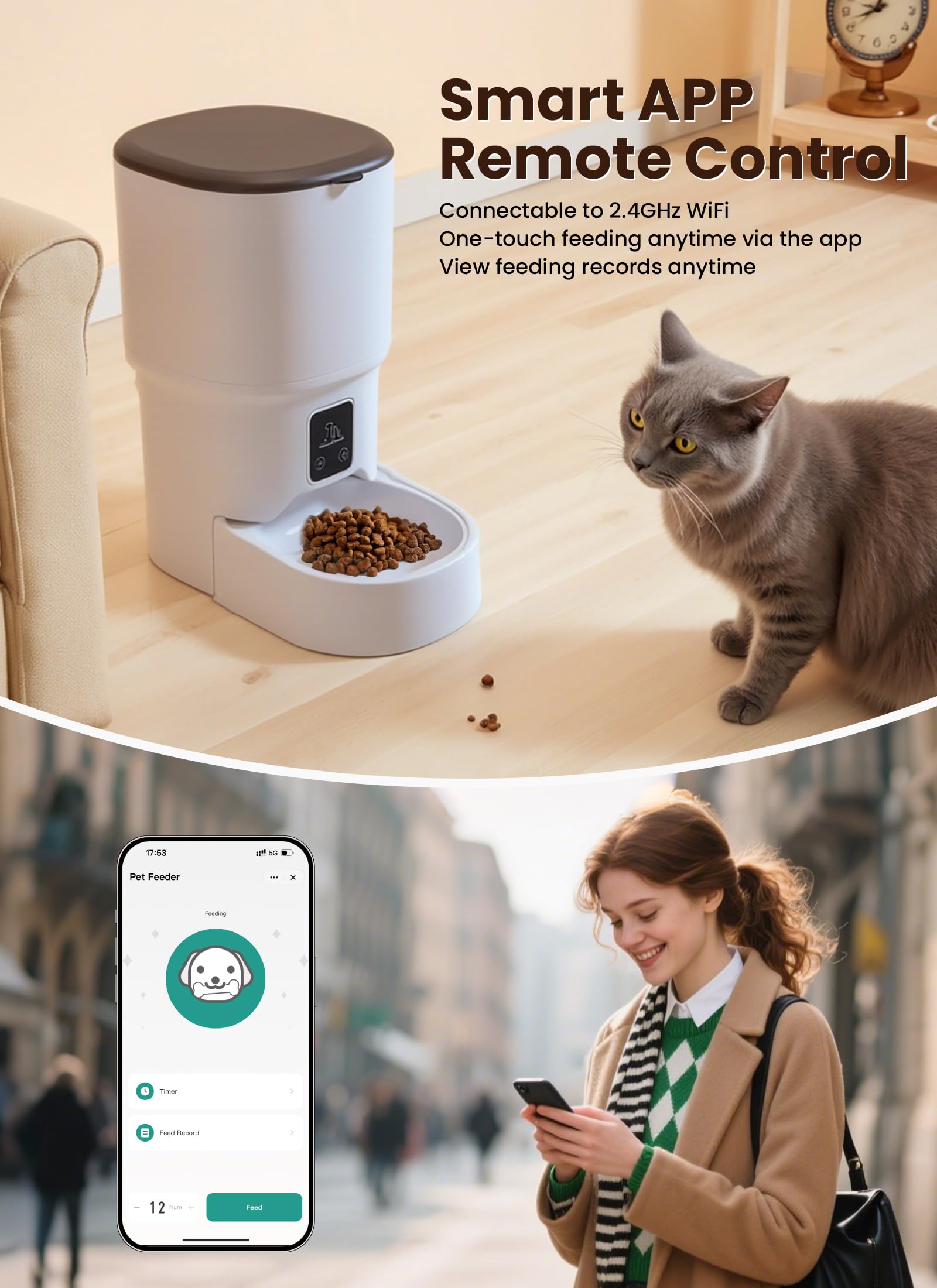 Gugxiom 4L Maszyna Karmiąca Cat, WIFI Inteligentny Dozownik Karmy Maszynowej, Kontrola Aplikacji, Podwójne Zasilanie, 1-6 Posiłki Dziennie, Dozownik Pasz dla Kotów, Psów
