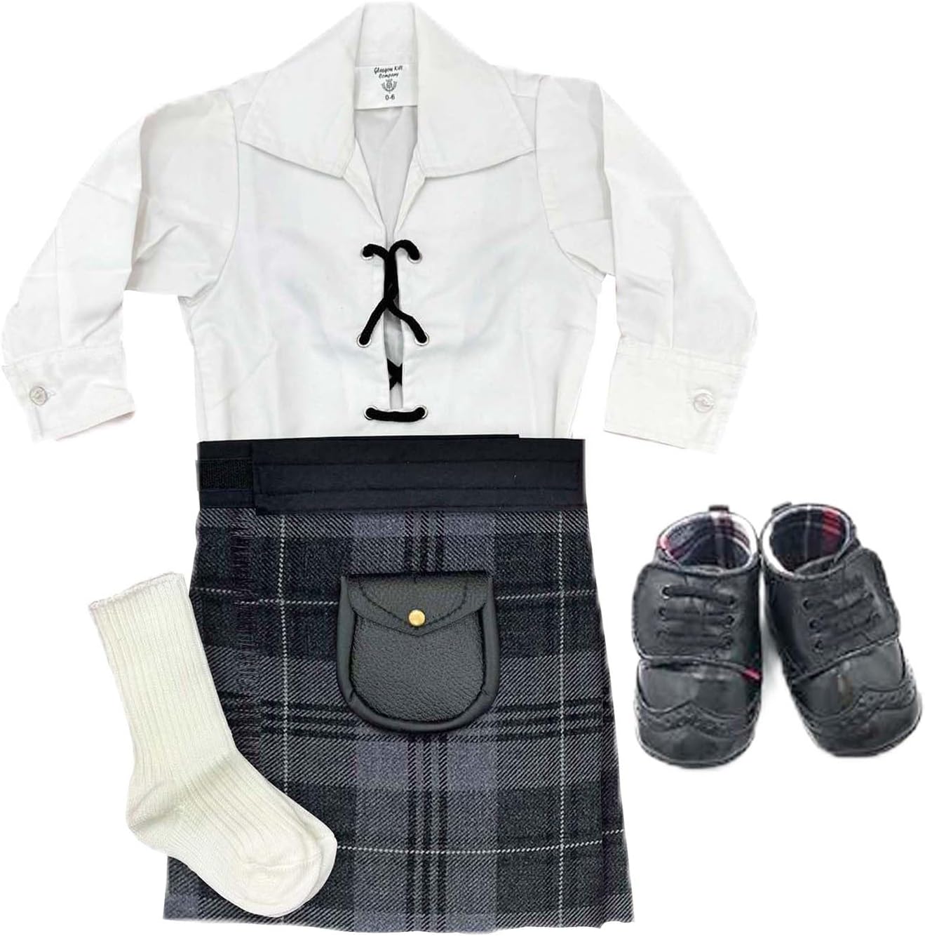 Traditional Baby Kilt Outfit set with baby kilt, Ghillie Shirt, Sporran, Brogues & kilt hose for Infants