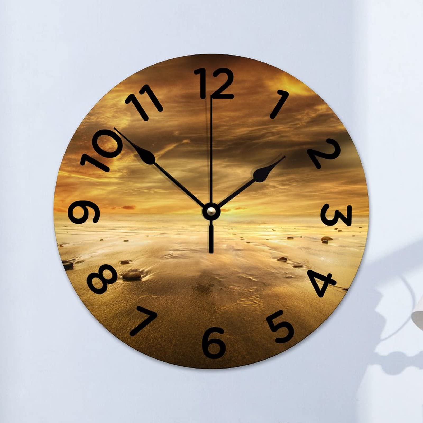 Horloge murale en bois silencieuse 38cm déco coucher de soleil salon cuisine