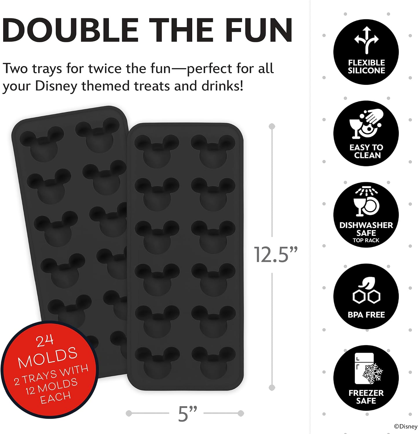 Disney Mickey Silicone Ice Cube Tray, 2-Pack 5"x12.5", BPA-Free