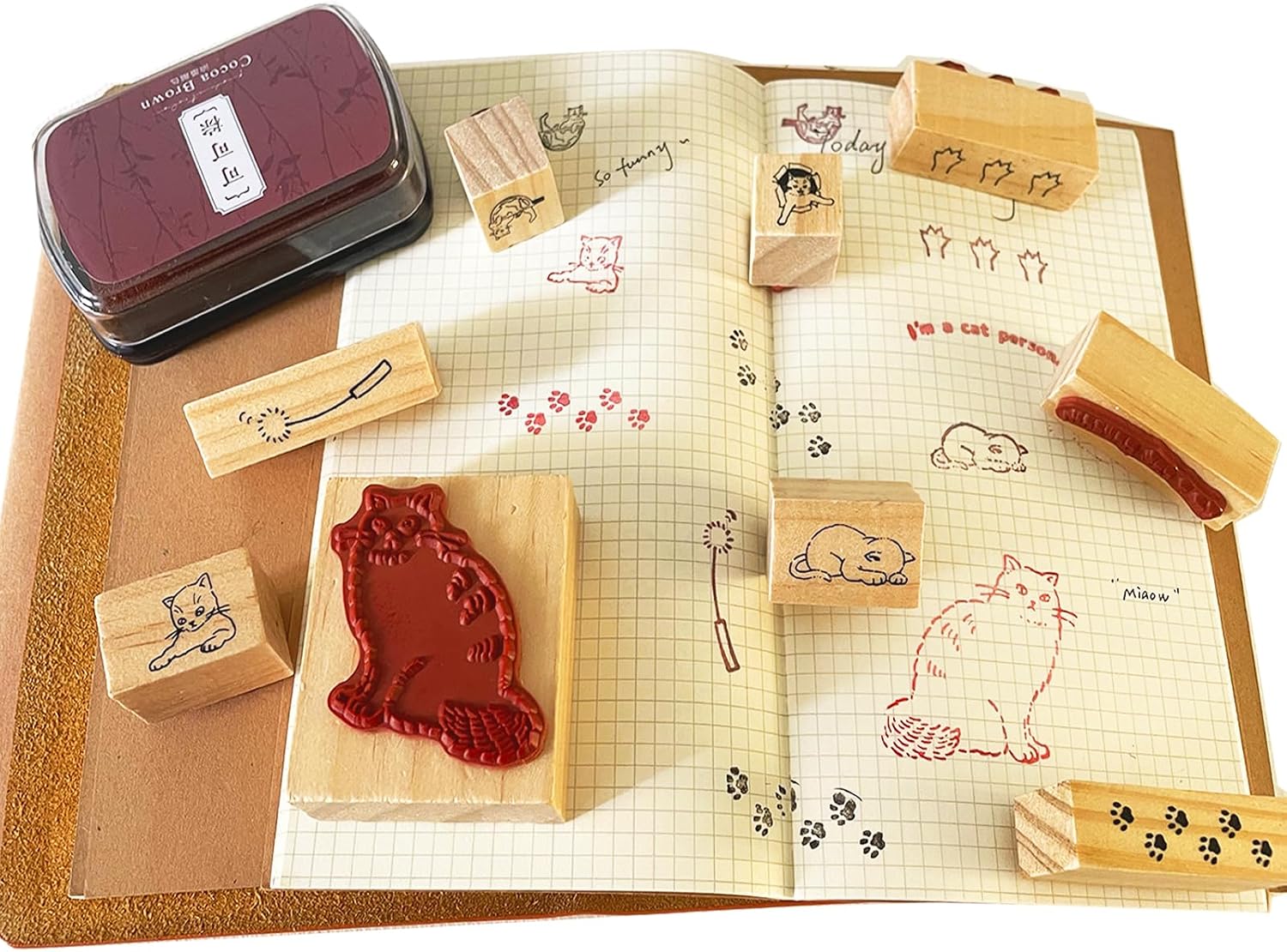 9 Pcs Cute Cat Rubber Stamp Set - Adorable Kitty Stamps with Paws, Paw Prints, Cat Toys, & Phrases - for DIY Art Journals, Scrapbooking, Card Making - Reusable Craft Stamps Gift for Crafters