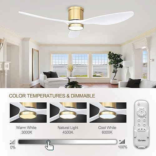 Miniatura 4 de Ovlaim Ventiladores de techo inteligentes de madera de 52 pulgadas con control remoto de luces, 3 aspas oro blanco moderno ventilador de techo de