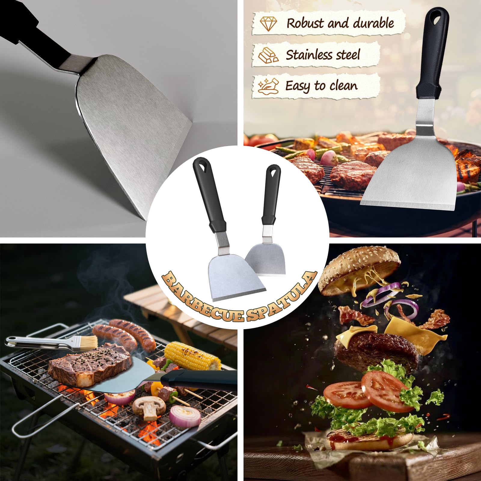 Smash Hamburger Set con manico in silicone, in acciaio inox, set da 7 pezzi, con pressa per hamburger, spatola, campana per hamburger, pennello, pressa per carne, carta antiaderente, spezie, un regalo