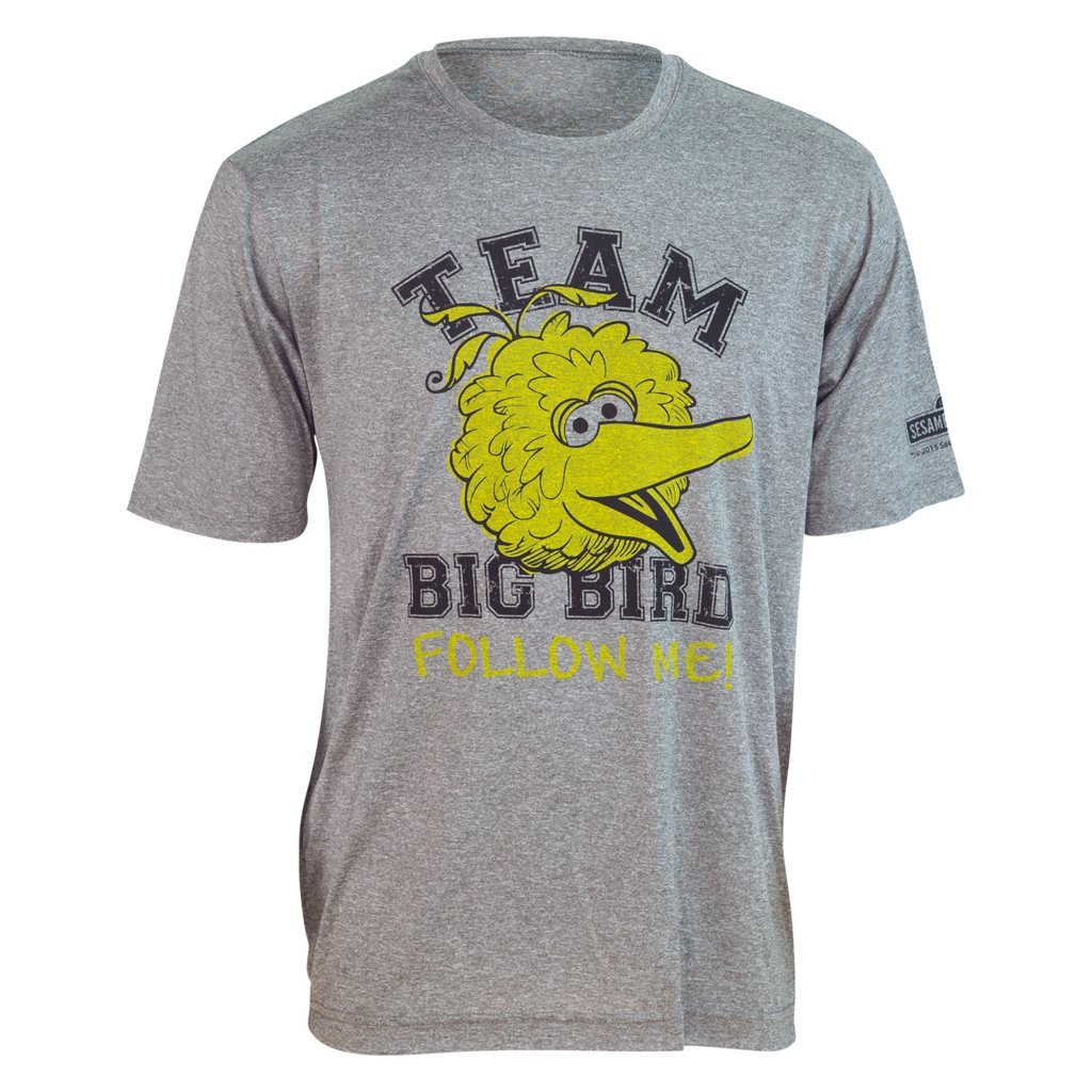 Brainstorm GearUnisex Sesame Street TEAM BIG BIRD "Follow Me" Tech Shirt, Heather Gray, XL