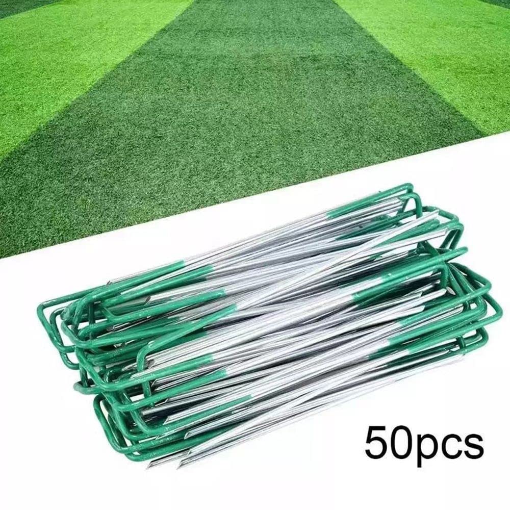 50 Pezzi di Chiodi da Giardino a Forma di U, Mezzo spruzzo, picchetti da Terra Verdi, picchetti di Fissaggio for Paesaggio, Rete for Prato, stuoie, Punte