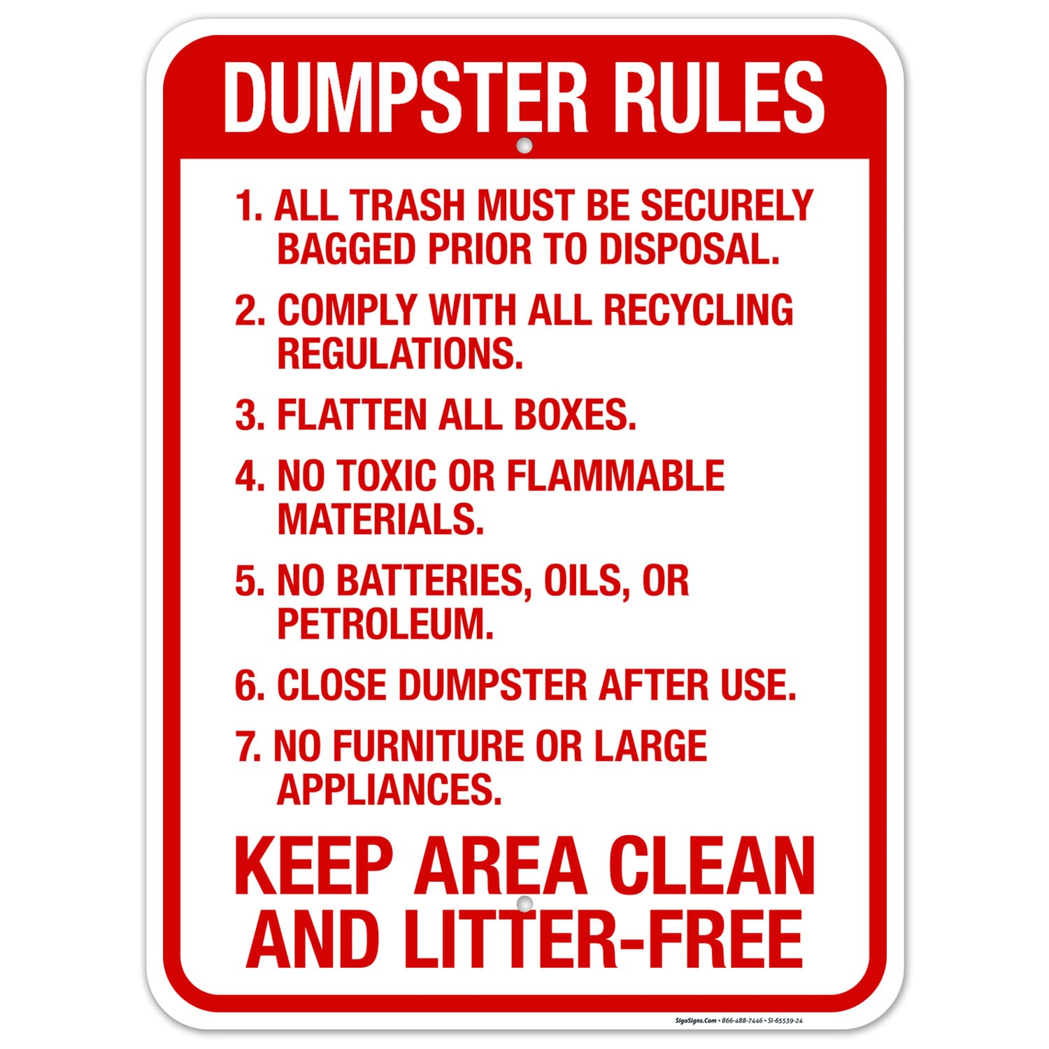 All Trash Must Be Securely Bagged Prior to Disposal Keep Area Clean and Litter Free Sign, 18x24 Inches, Rust Free .063 Aluminum, Fade Resistant, Made