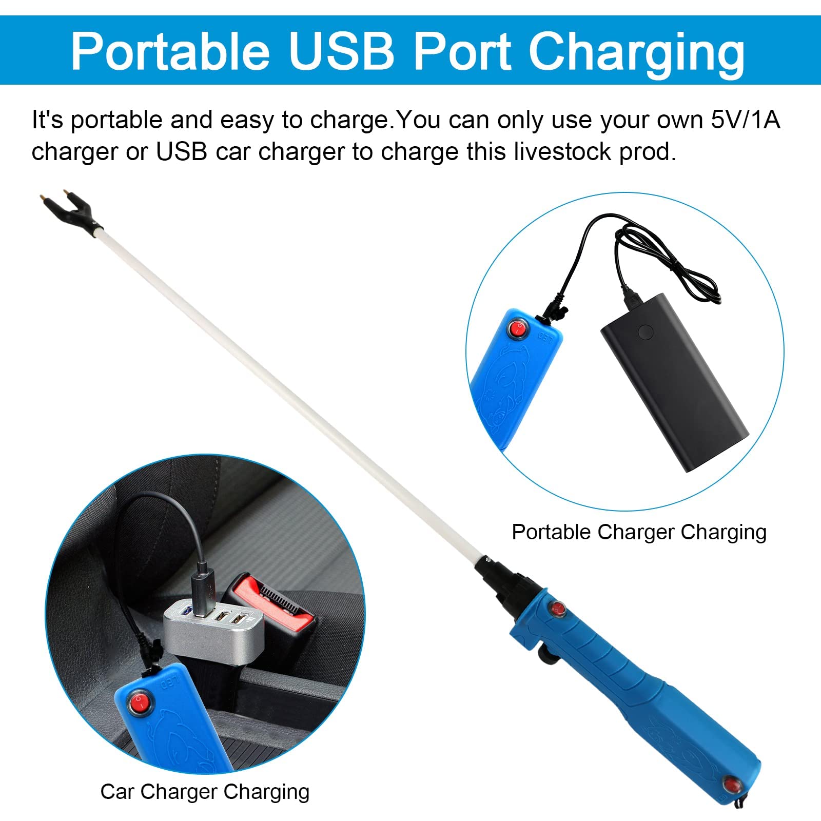 Livestock Prod with Charger, Rechargeable Cattle Prod 42.3inches Hot Shock Electric Animal Prod for Farm Ranch Pig Goats Cow Safety Shock Prodder with LED Light and Manual(US Plug)