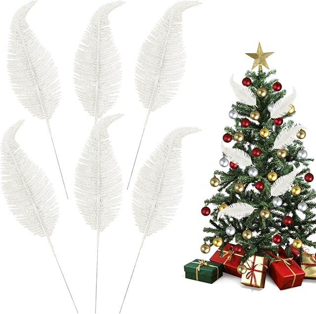 MOTONG 6PCS Christmas Tree Feather, Artificial Glitter Feather Ornament Glitter Powder Christmas Tree Baubles for Home Wedding Christmas Decorations (White)