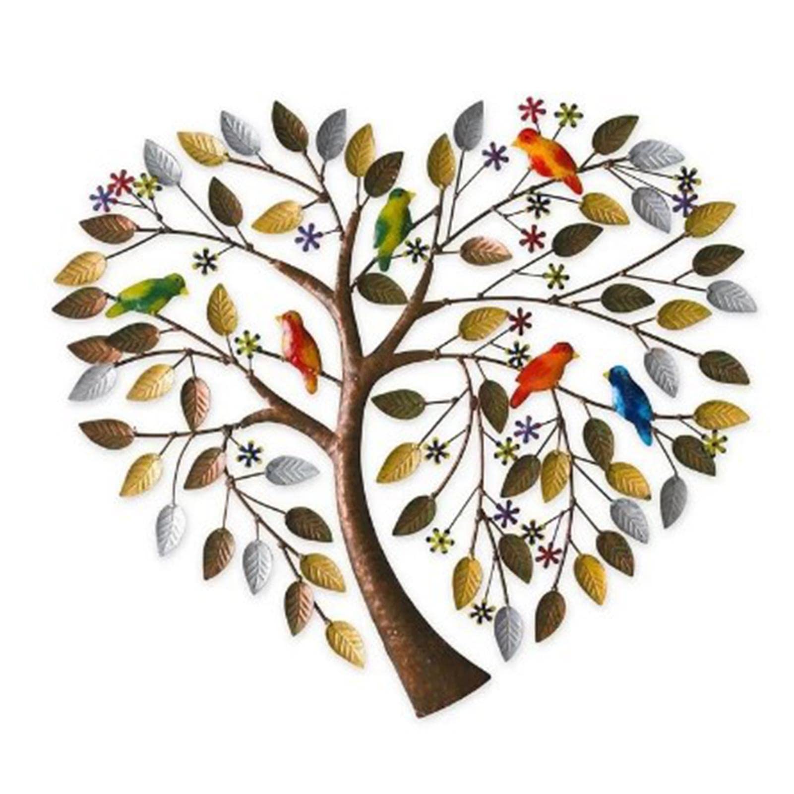 Single Attribute Family Tree Heart-Shaped Wall Art Decor Bird Tree Branch Metal Heart Wall Art Decor For Home Garden,Colorful Leaves And Hummingbirds For Bathroom Living Room