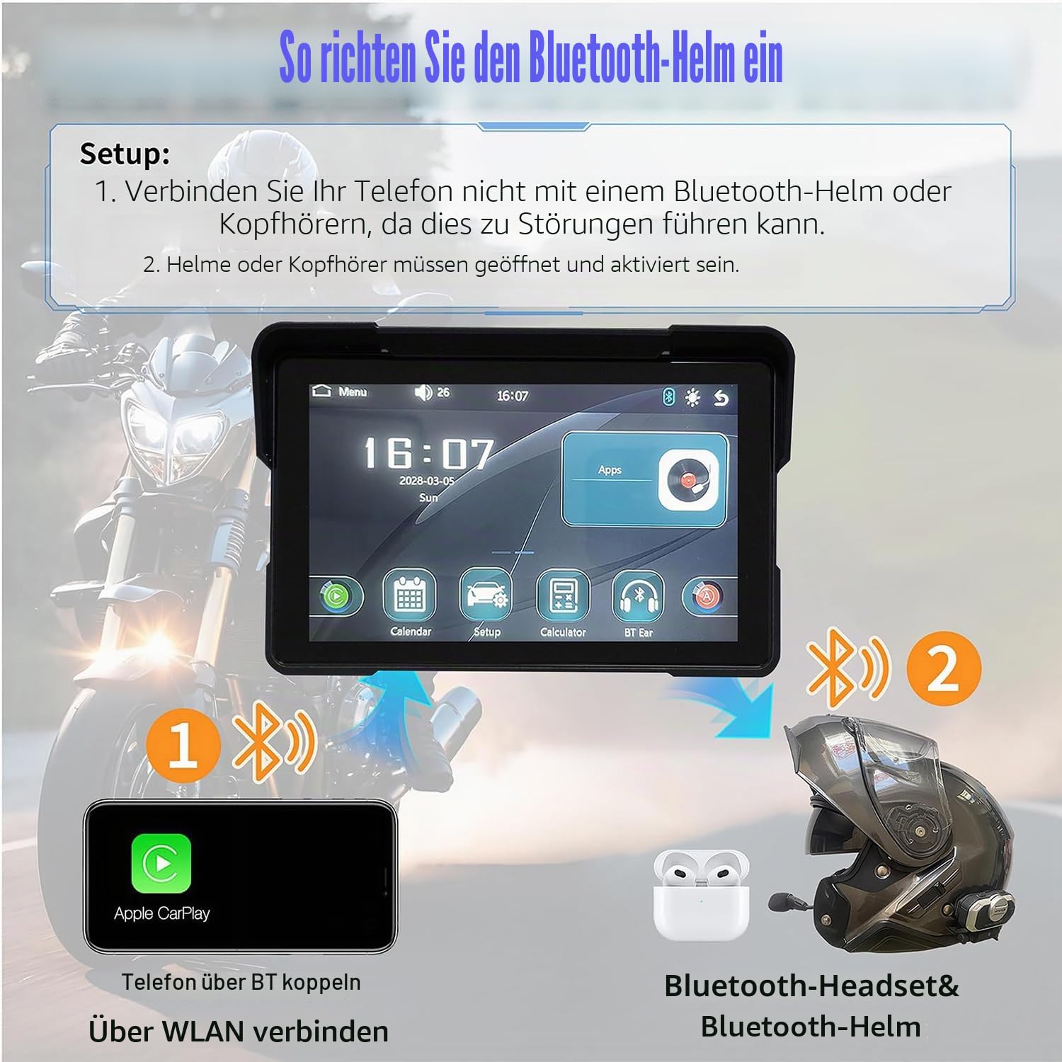 CarPlay Wireless Motorrad GPS 7-Zoll IPS Bluetooth Touchscreen, passend für Apple CarPlay, GPS Navigation(Es Wird empfohlen, den Startkreis direkt anzuschließen)