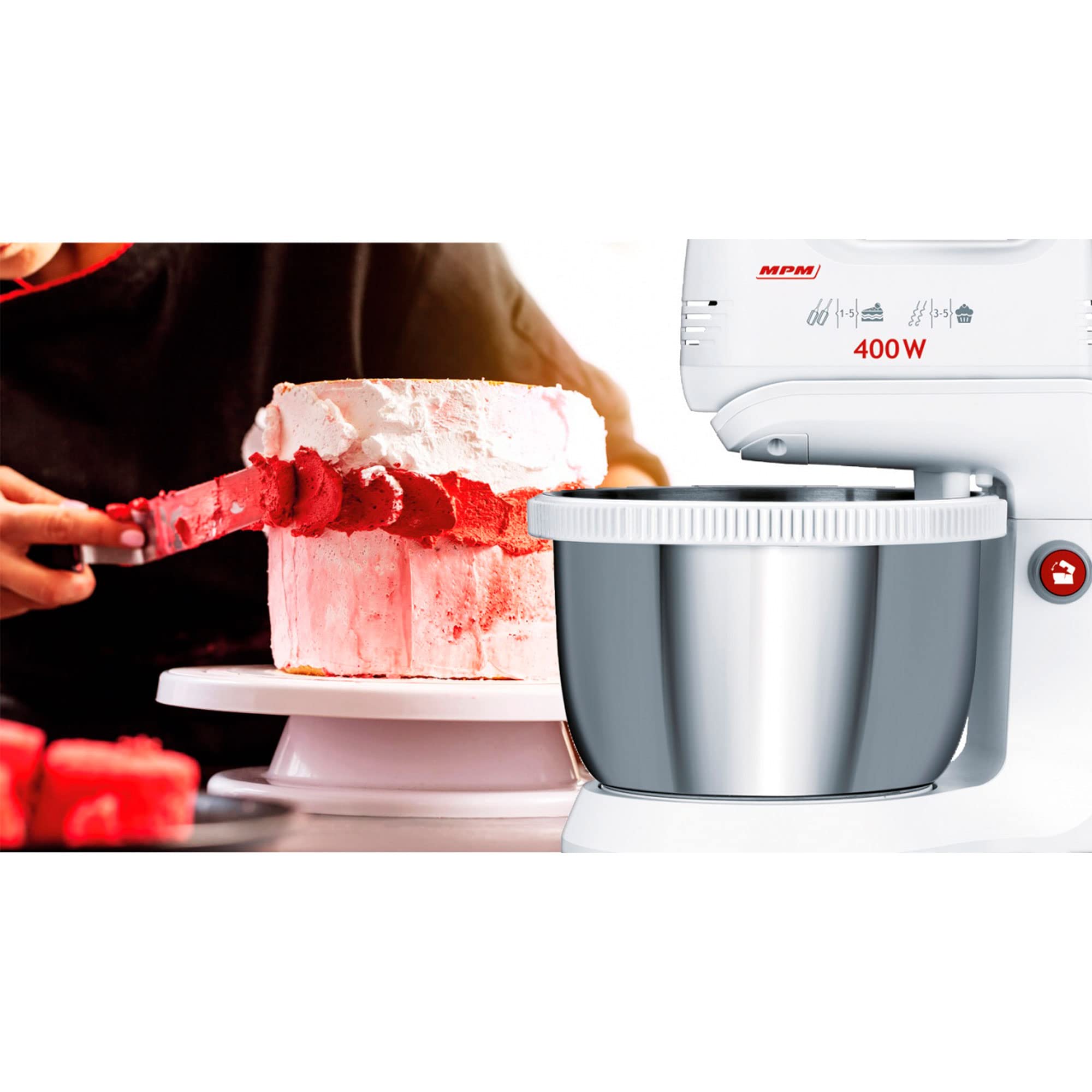 MPM MMR-21Z Mélangeur à Pâtisserie avec Bol Rotative 3,5 L, sans BPA, Robot Pâtissier Boulangerie Cuisine, 5 Vitesses + Turbo, Bol, Tiges et Crochet de Pétrissage en Acier Inoxydable, Blanc, 400W