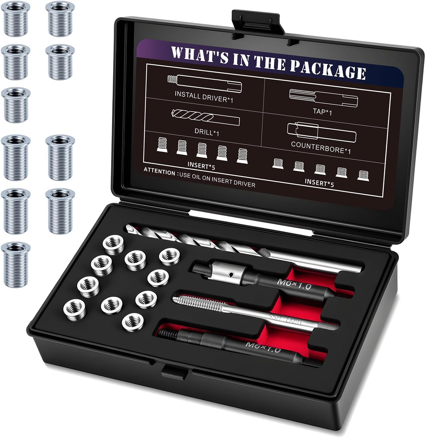 M6X1.0 Metric Thread Repair Kit with Insert HSS Drill, Tap, Installation Driver, Counterbore, Two Sizes Stainless Steel Insert 5PCS 9.4MM and 5PCS 12MM