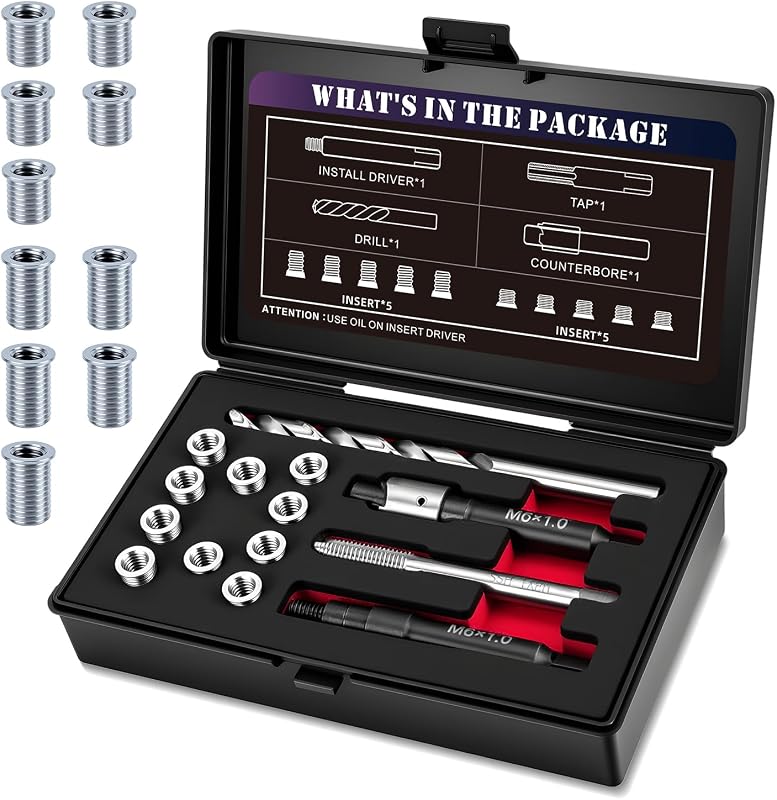 Kit de reparación de roscas métricas M6X1.0 con taladro HSS de inserción, macho de roscar, destornillador de instalación, avellanado, inserto de acero inoxidable de dos tamaños, 5 piezas de 9,4 mm y 5 piezas de 12 mm
