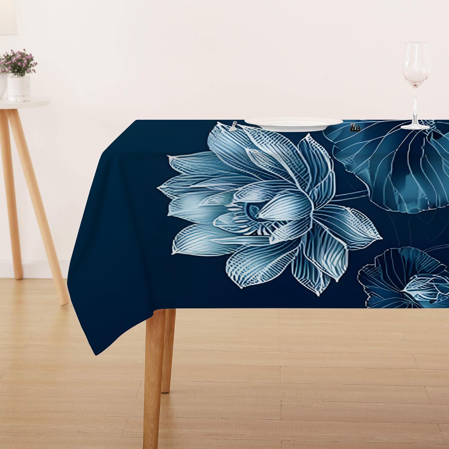 Lotus Bleu Nappe Motif Étang De Nénuphars, Nappe Carrée 200x200 cm Anti Tache et Imperméable, Linge de Table en Polyester Lavable, Floral Zen Oriental Décoration - G-421