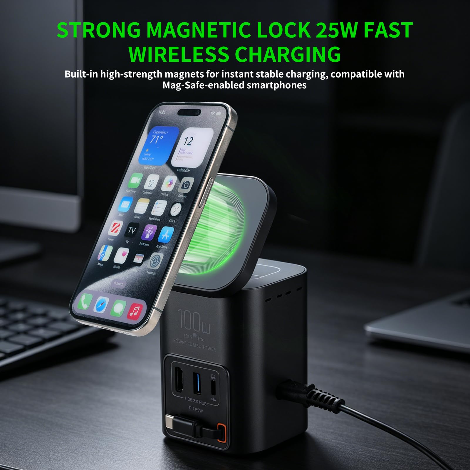 Stazione di ricarica da tavolo multifunzione da 100 W con caricabatterie wireless, hub USB 3.0, cavo USB-C retrattile da 75 cm e HDMI 2.1, ricarica rapida PD 65 W per telefoni, auricolari, tablet