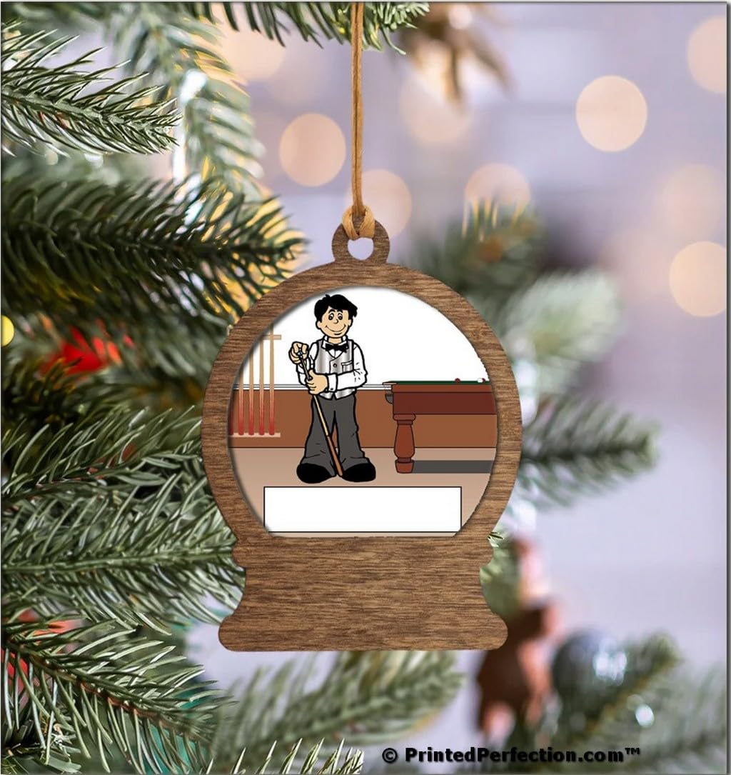 PrintedPerfection.com Personalized Pool Player, Billiards - Male Wooden Snow Globe Shaped Christmas Ornament