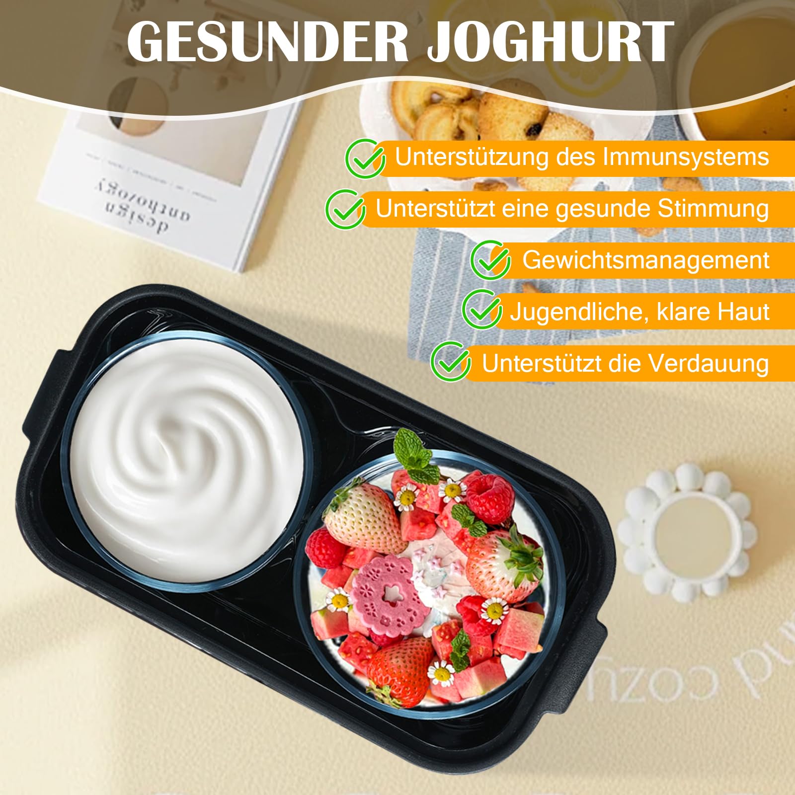 2L Joghurtbereiter,Joghurtmaschine mit 2 Gläsern,Joghurt Maker mit Temperatursteuerung und Time, multifunktionaler automatischer griechischer Joghurtbereiter, (EU -Stecker 220 V)