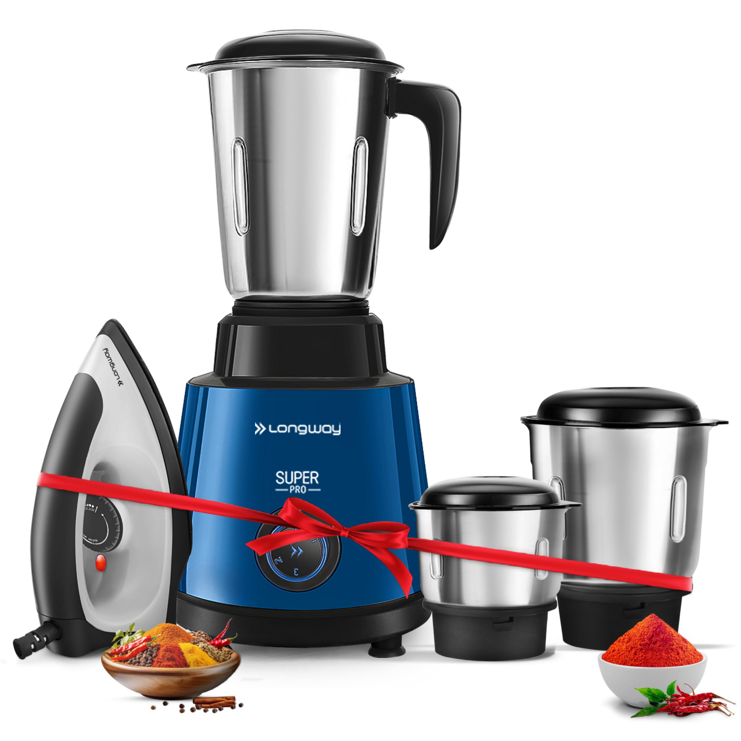 Longway Super Pro Mixer Grinder with Kwid 1100W Dry Iron | 500 W Powerful Motor | 3 Jars for Grinding, Mixing, Juicing | 2 Years Warranty (Blue & Black, Combo Offer)