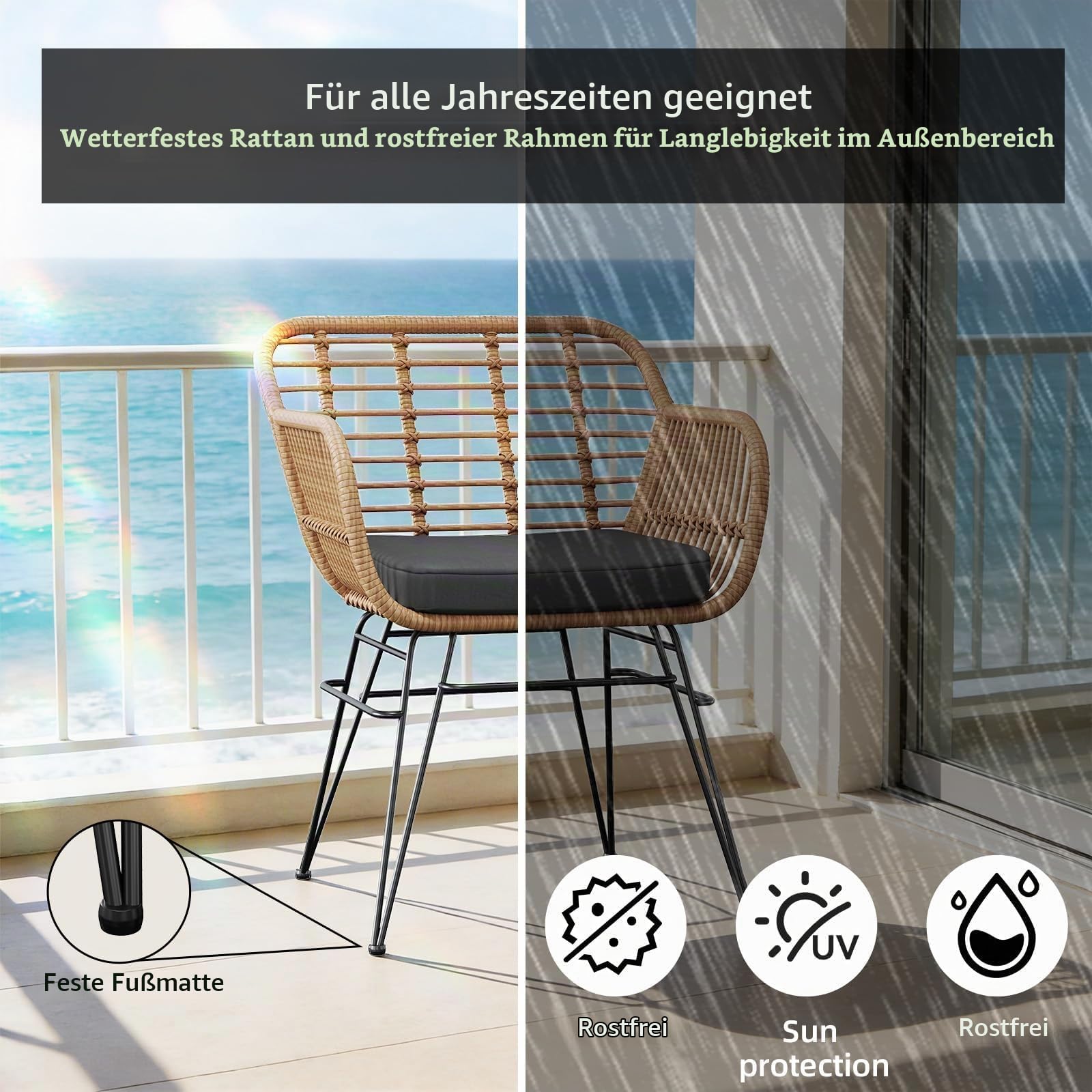 3-teiliges Rattan Gartenmöbel Set, Bistrotisch mit 2 Stühlen，Balkonmöbel
