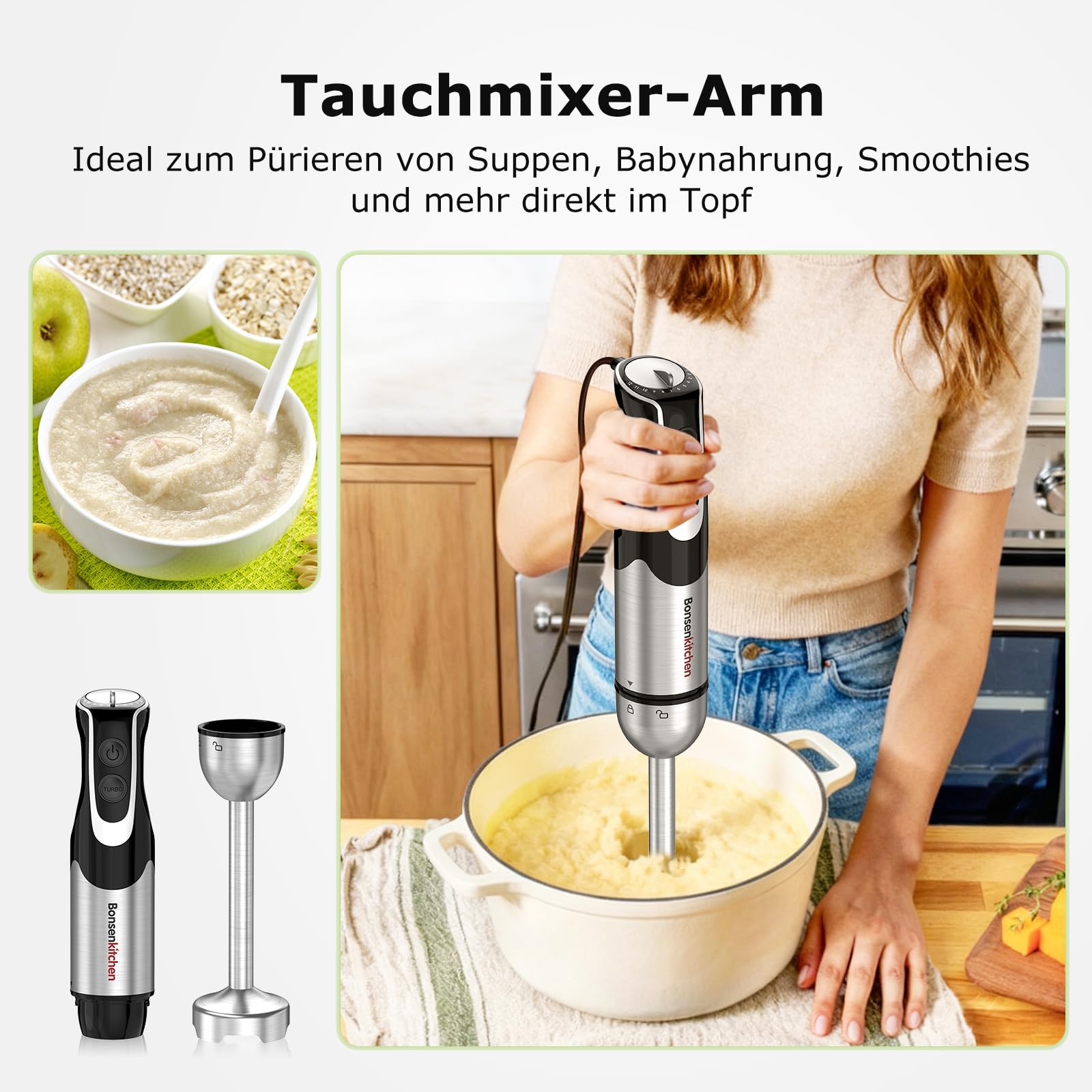 Bonsenkitchen Stabmixer 4-in-1, 1000W Edelstahl mit 12 Stufen Turbo, Schneebesen 700ml Messbecher Lebensmittelhacker, Pürierstab für Babynahrung Suppen Smoothies