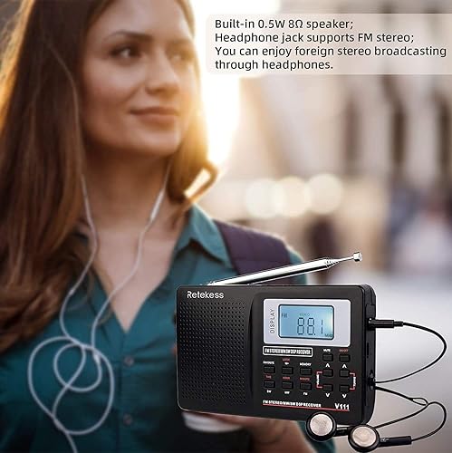 Miniatura 4 de Radio portable TIVDIO V-111 de onda corta para viaje con sintonía AMFM estéreo reloj y alarma