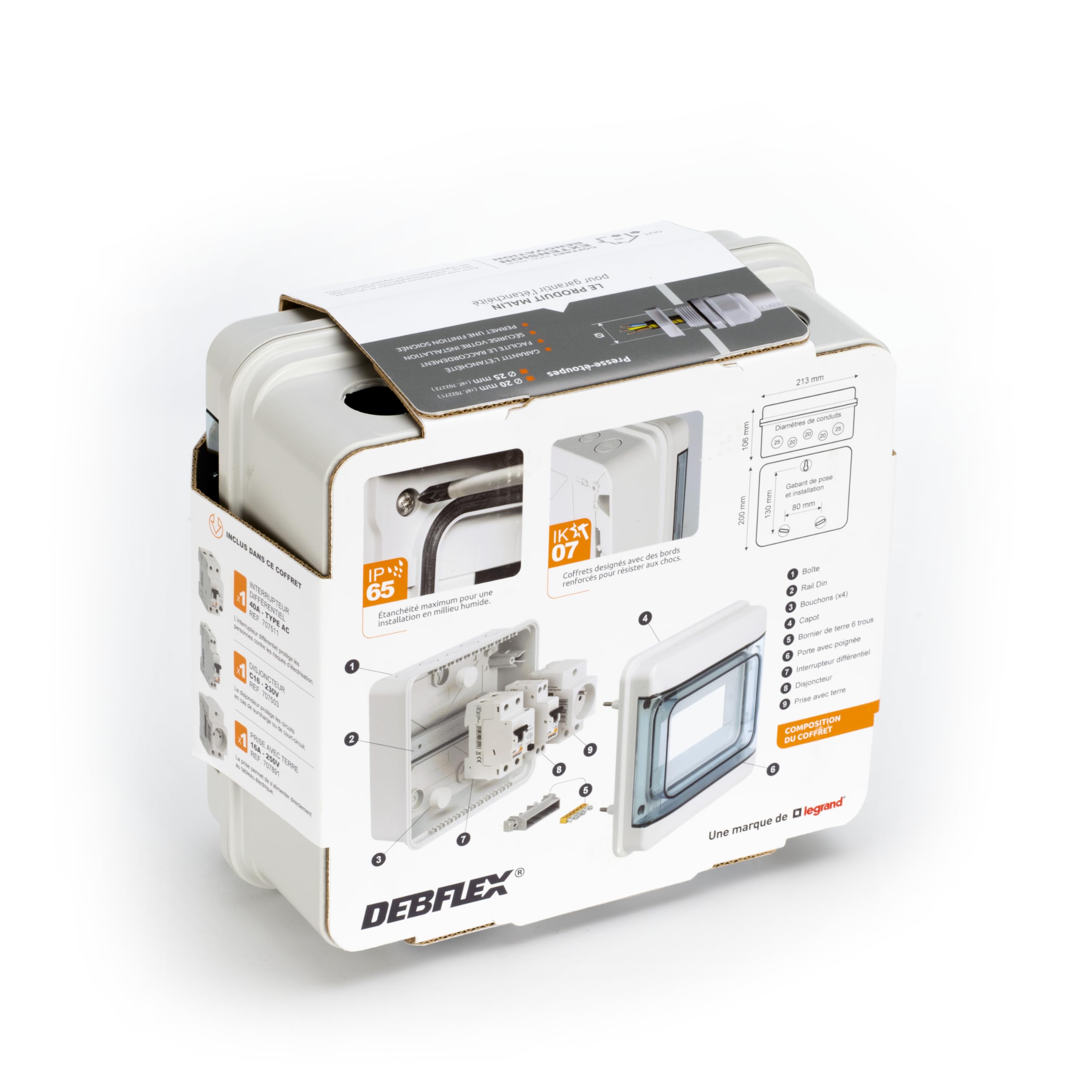 DEBFLEX - Coffret Electrique Etanche Prééquipé - Tableau Electrique 8 Modules - 1 Interrupteur Différentiel AC + 1 Disjoncteur + 1 Prise - Idéal Extérieur/Jardin - Pose en Saillie - 200 x 213 x 107mm