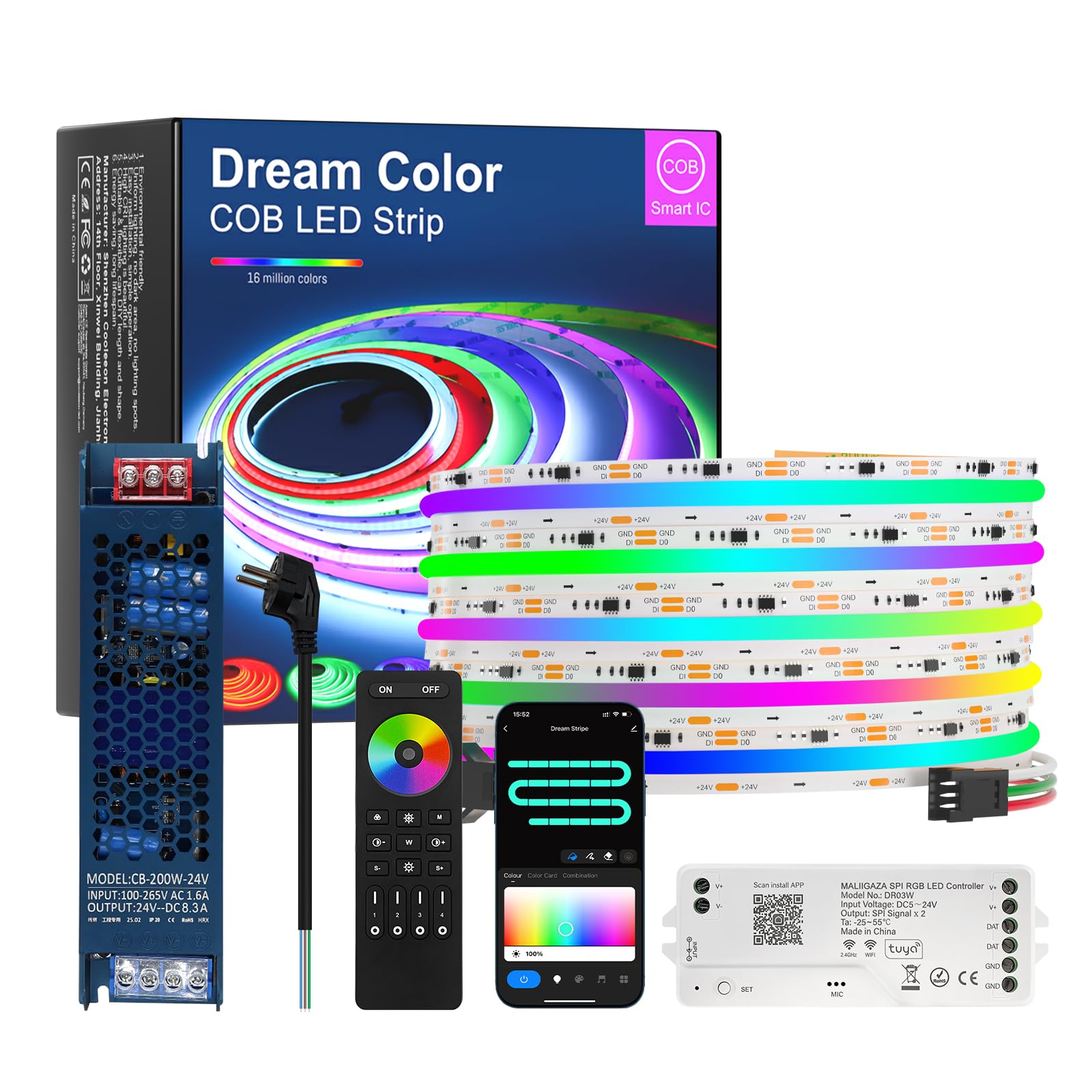 Striscia LED SMD RGB COB LED Wifi Set indirizzabile SPI RGB LED con app Tuya, Alexa Google Home controllo vocale musica Sync 2.4G RF telecomando cambia colore per camera soffitto TV