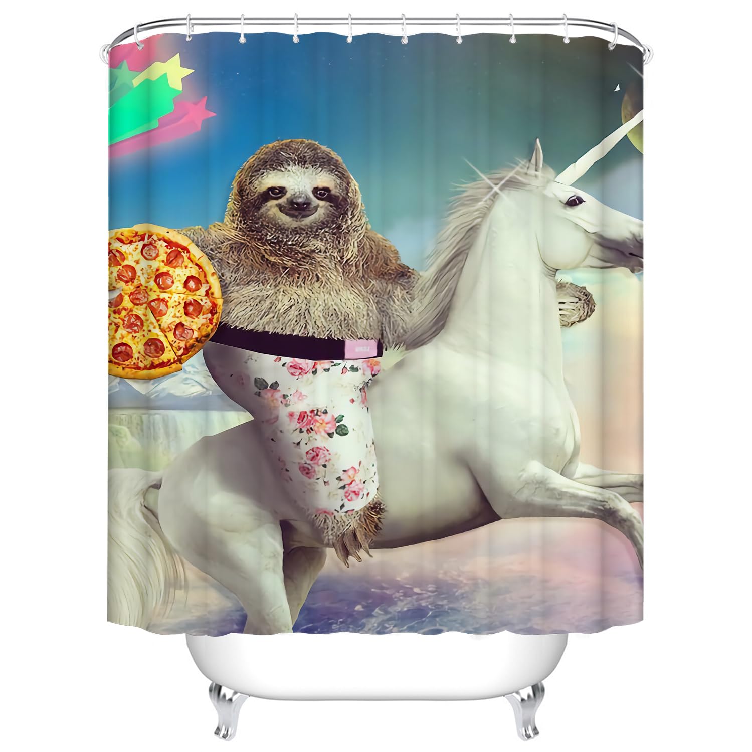 BOYOUTH 3D Funny Sloth Riding Horse with Pizza Pattern Digital Print Shower Curtains for Bathroom,Polyester Waterproof Fabric Bath Curtain with 6 Hooks,50x78 Inches,Multicolor โ image 1
