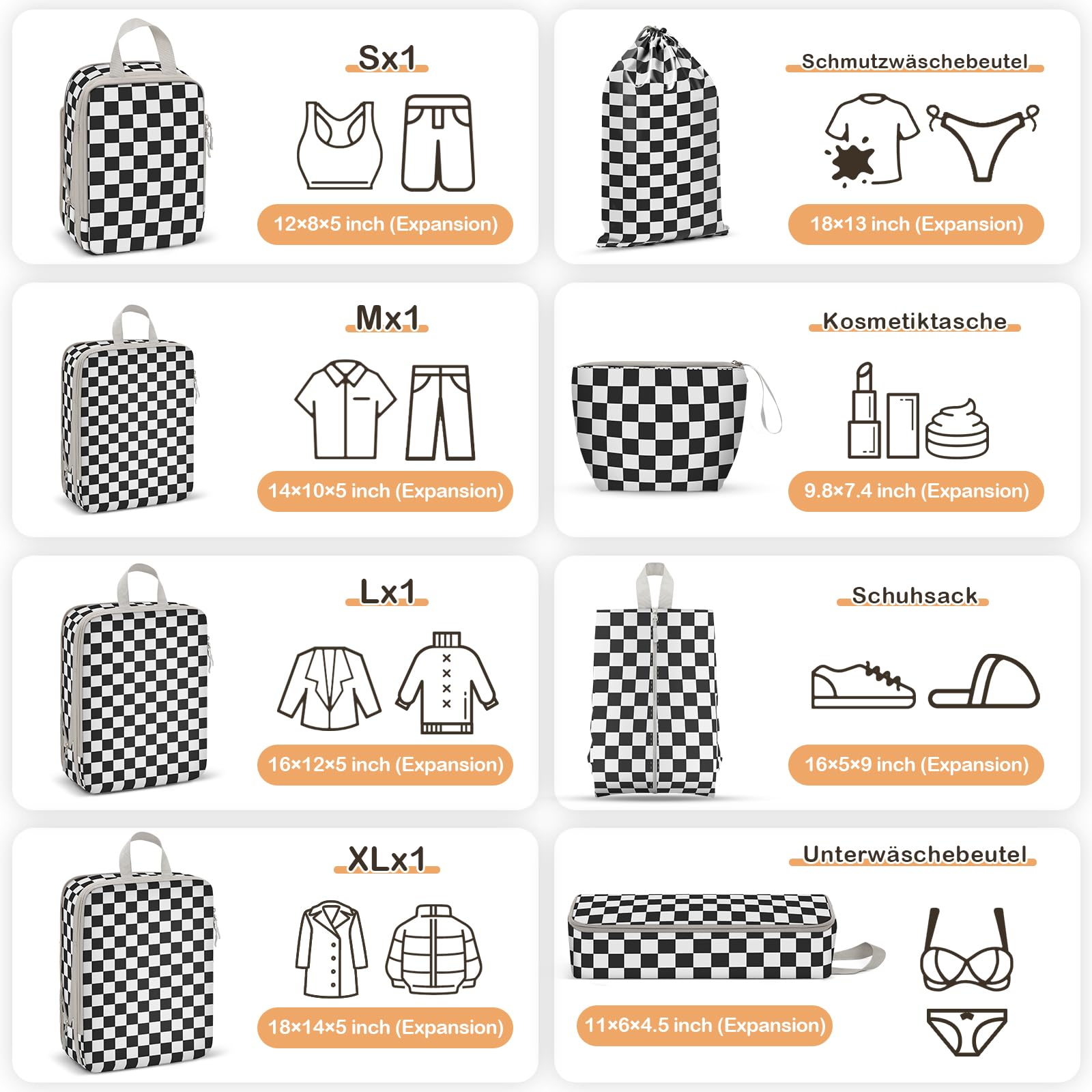 Packing Cubes Compression - Set di 8 sacchetti a compressione, impermeabili, a compressione, per zaino e valigia, organizer da viaggio